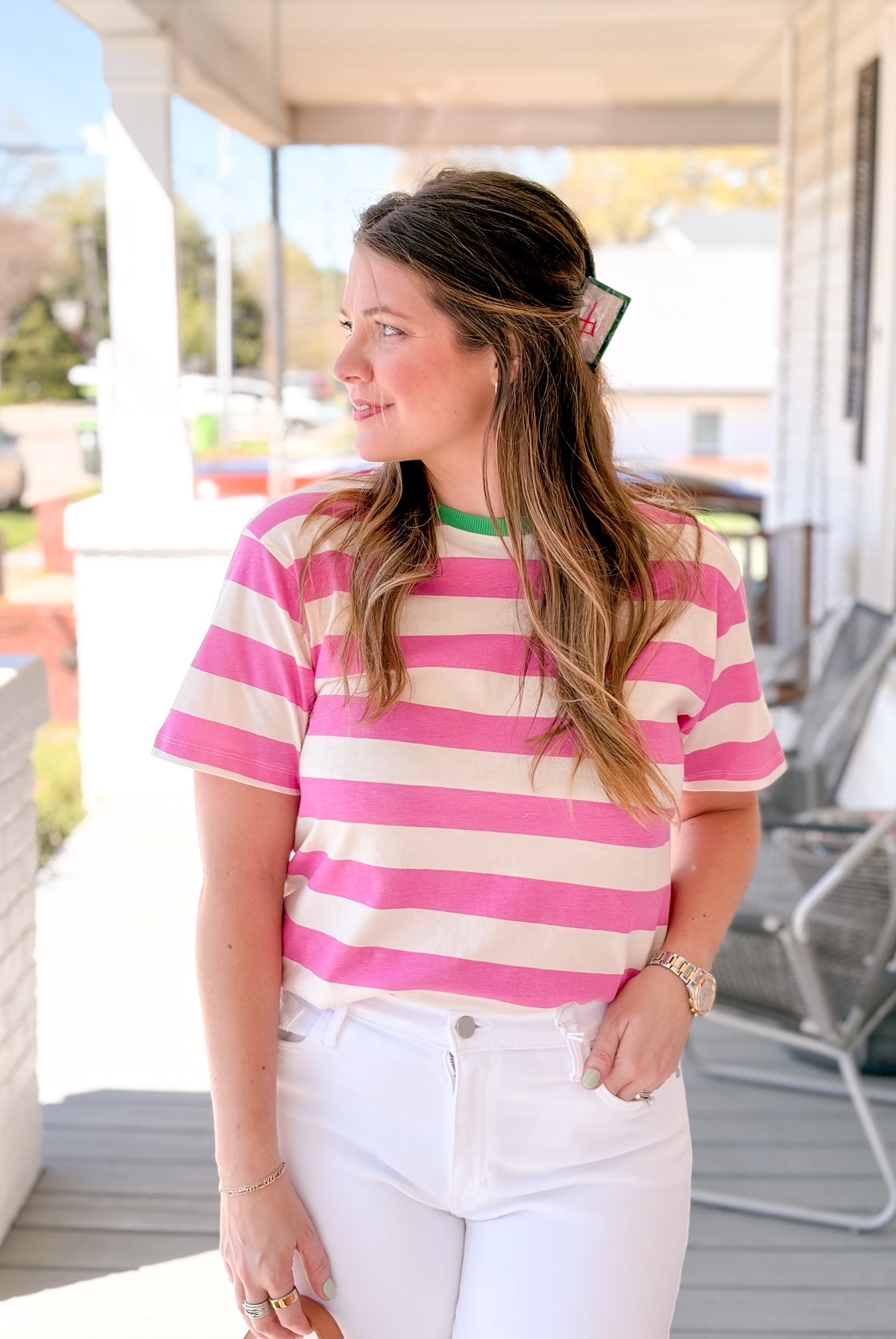 T-shirt with pink and white striped print