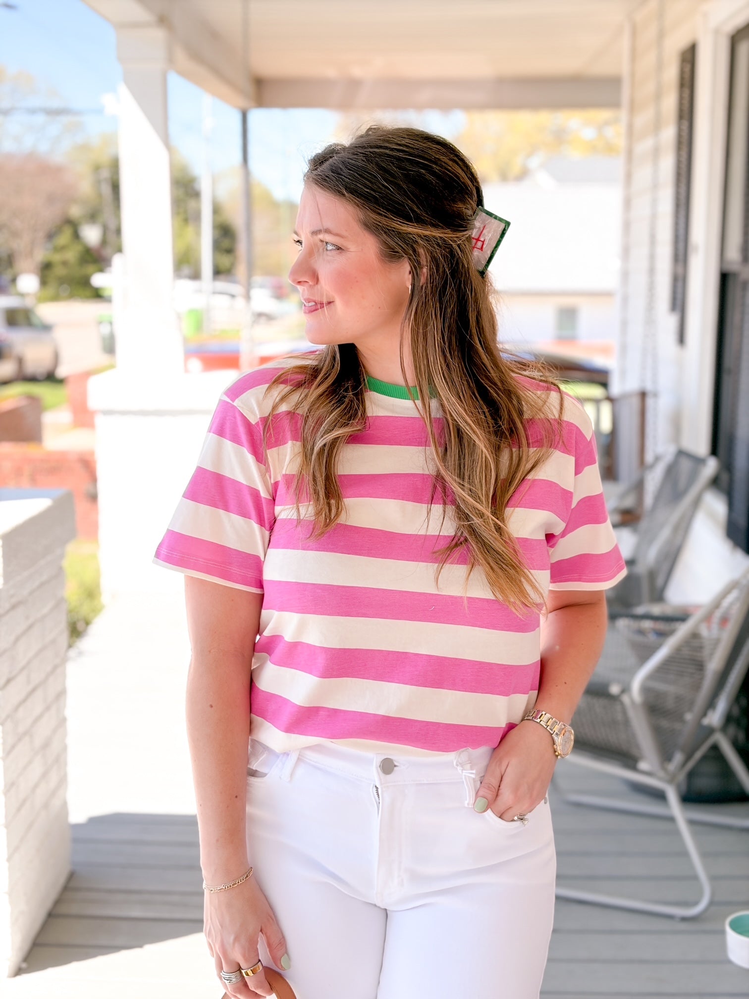 T-shirt with pink and white striped print
