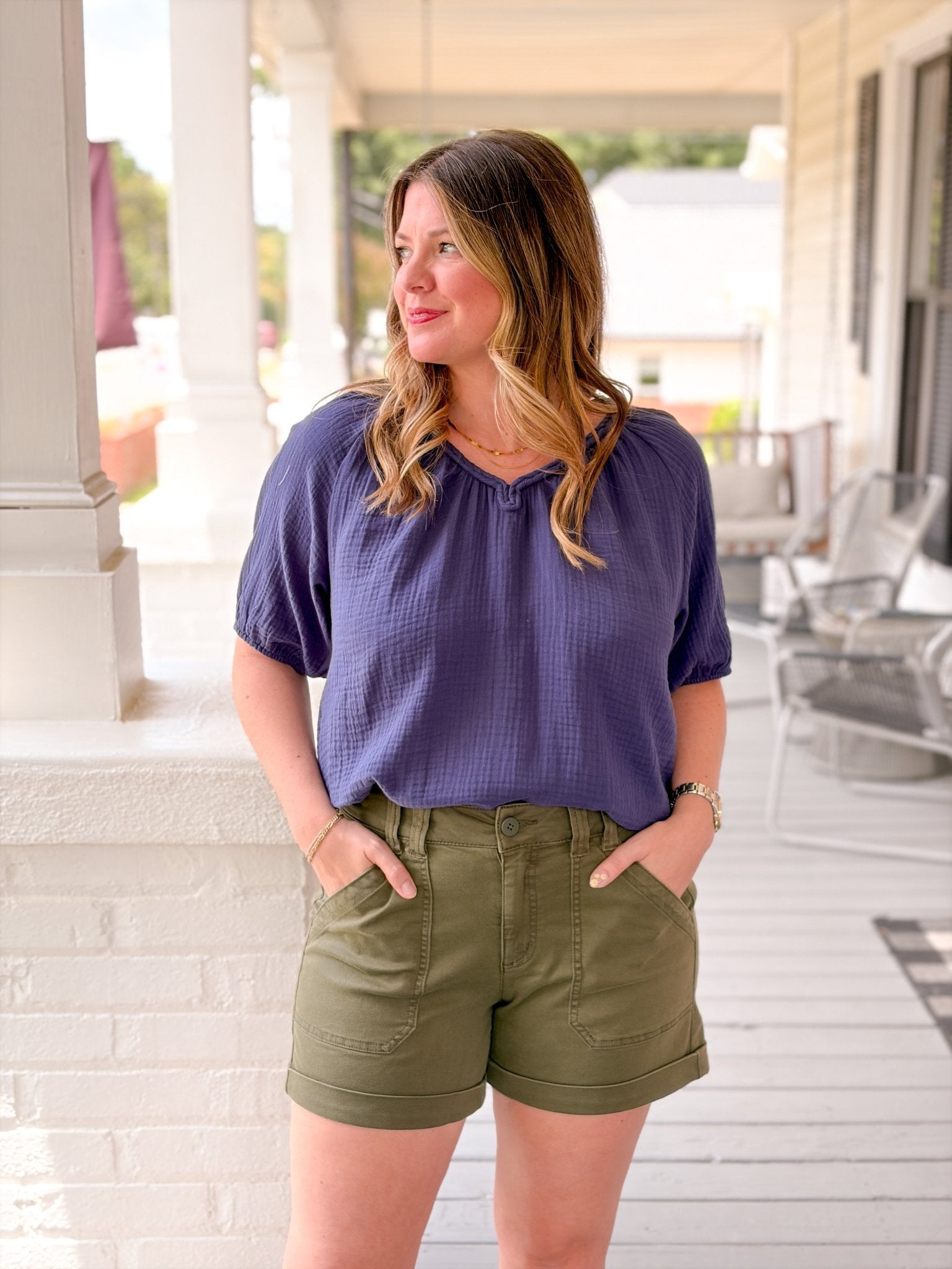 Rose & Lee Co Xandra Top, Navy short sleeve