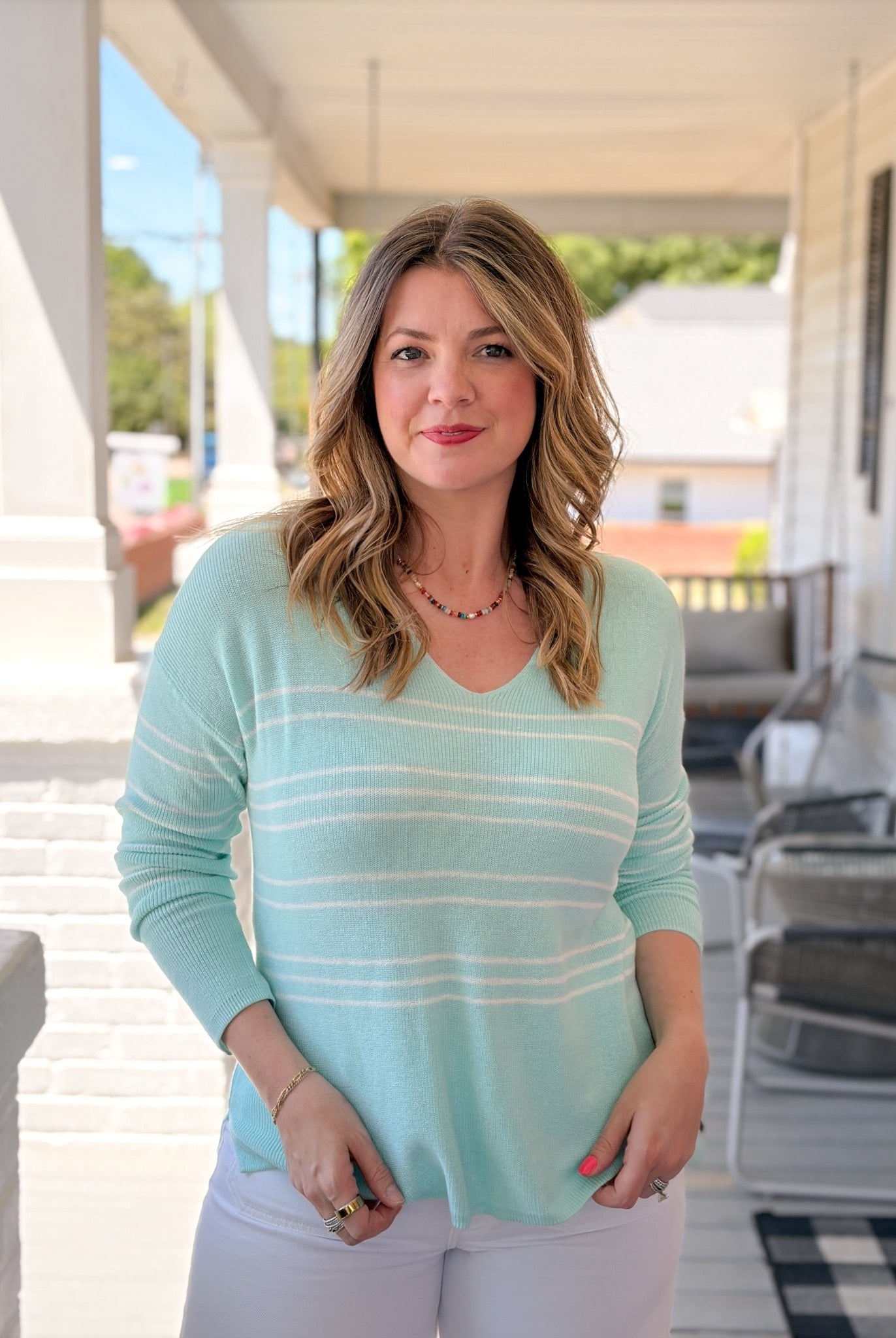 Rose & Lee Co Zella Pullover, Light Aqua Heather Long Sleeve