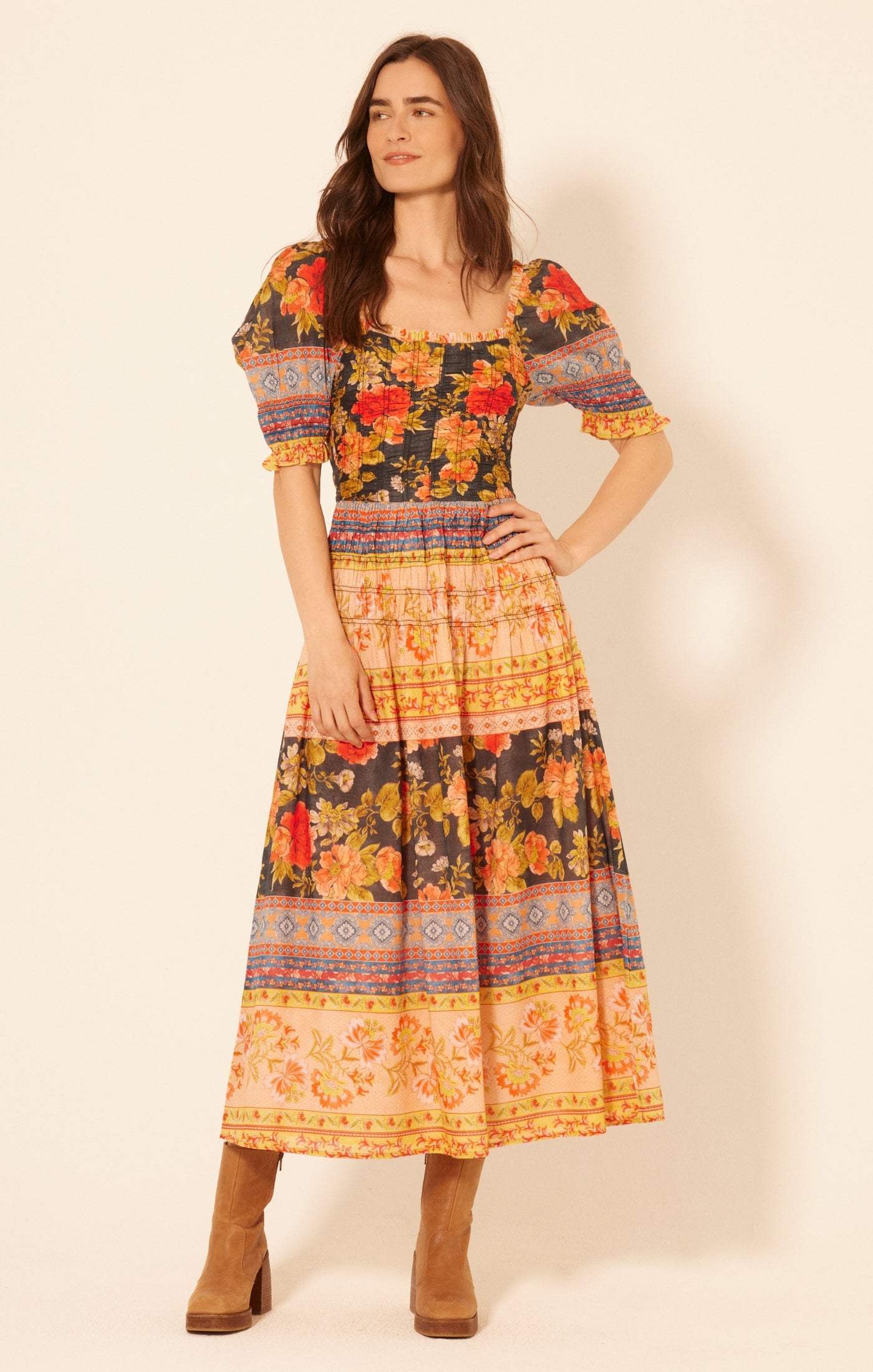 Maxi Length Colorful Printed Short Sleeve Dress
