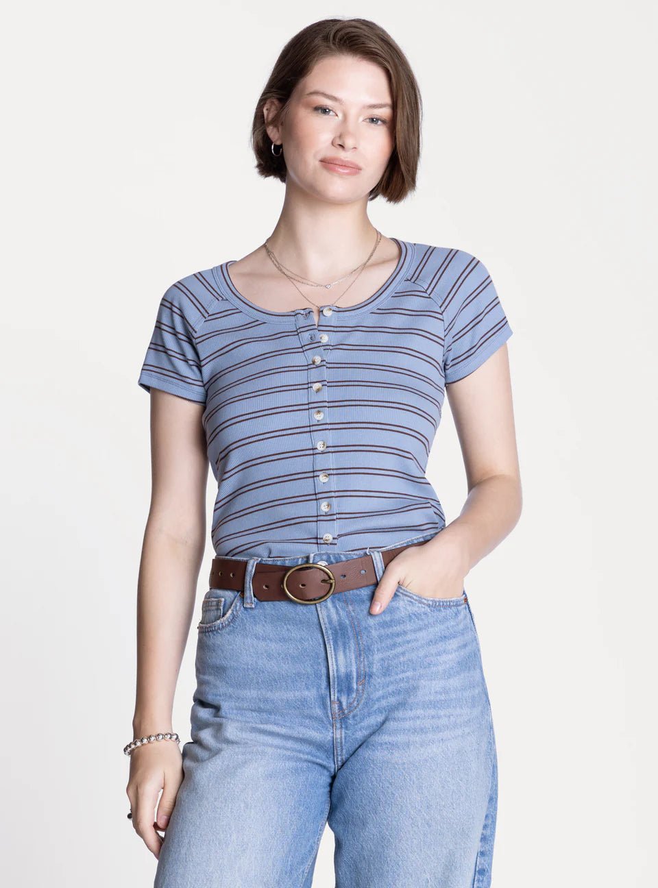 Rose & Lee Co Adina Top, Blue/Brown Stripe short sleeve