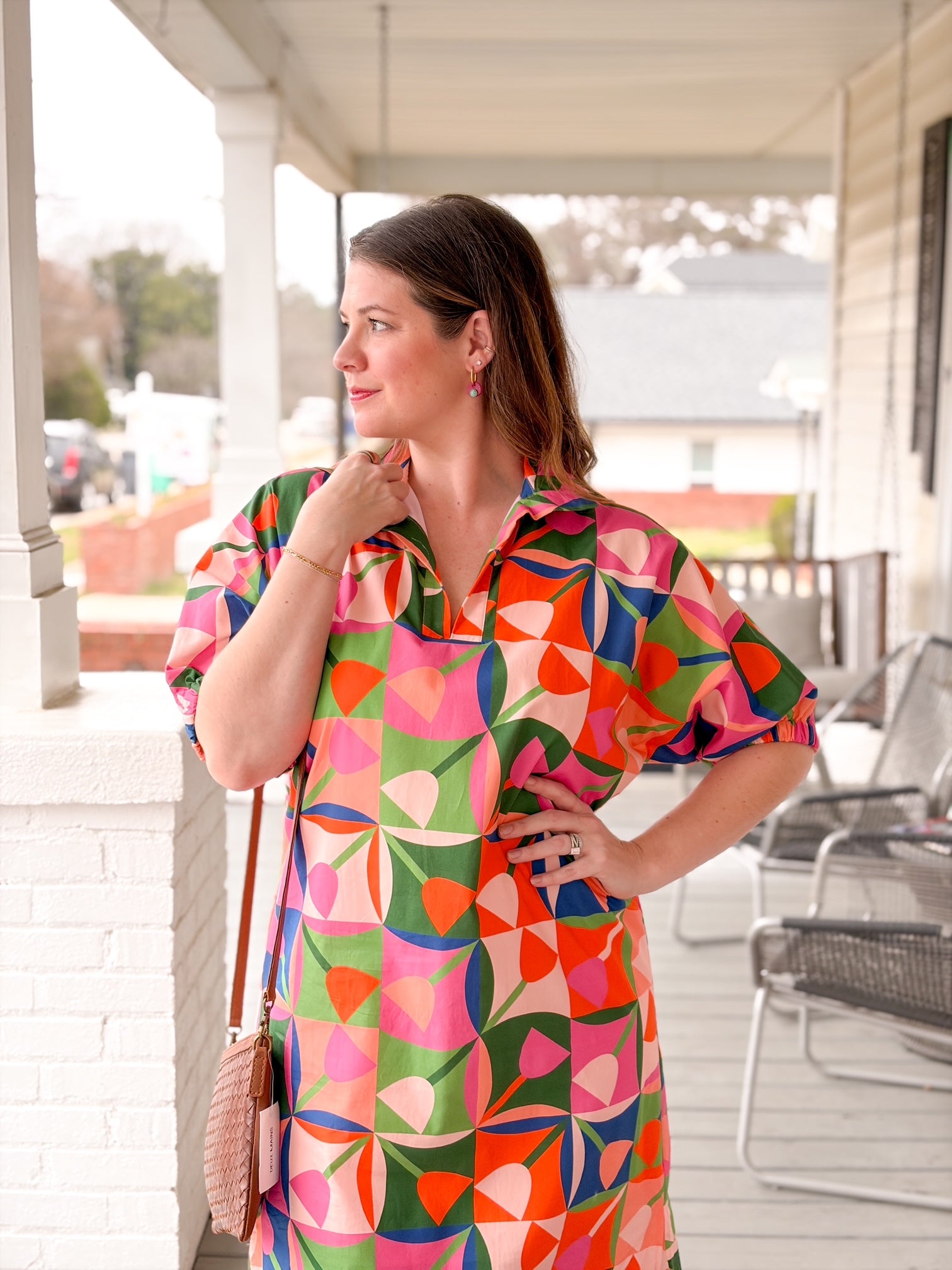 colorful abstract floral pattern midi length dress