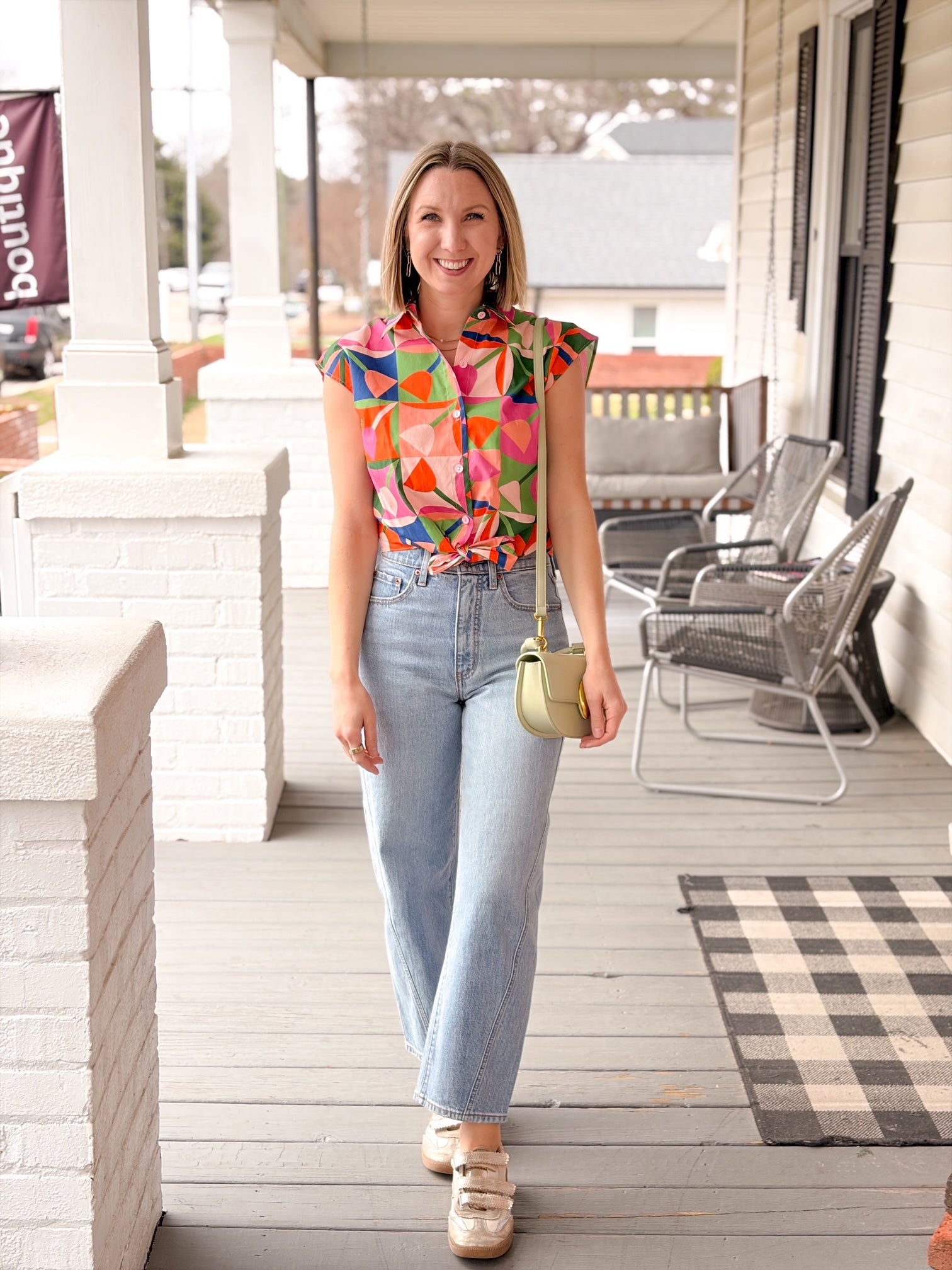colorful abstract floral print button up top