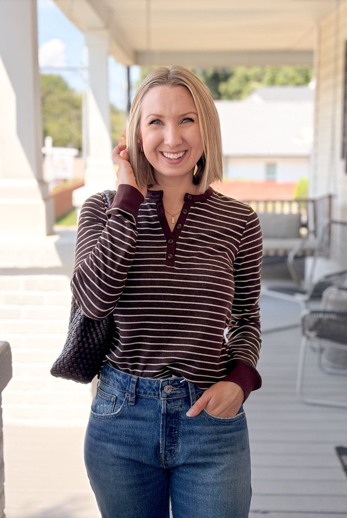 Rose & Lee Co Aeris Top, Brown/Ivory Stripe Long Sleeve