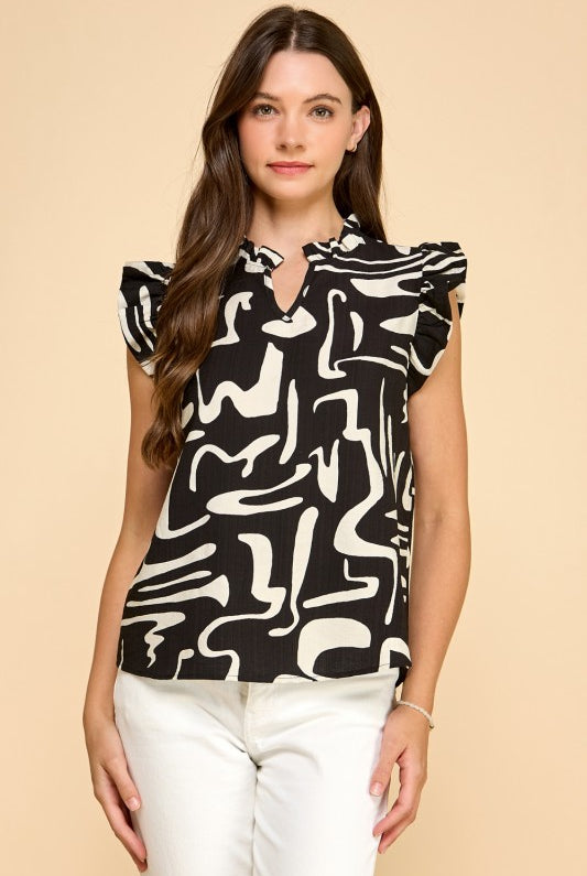 Black and White Abstract Short Sleeve Top