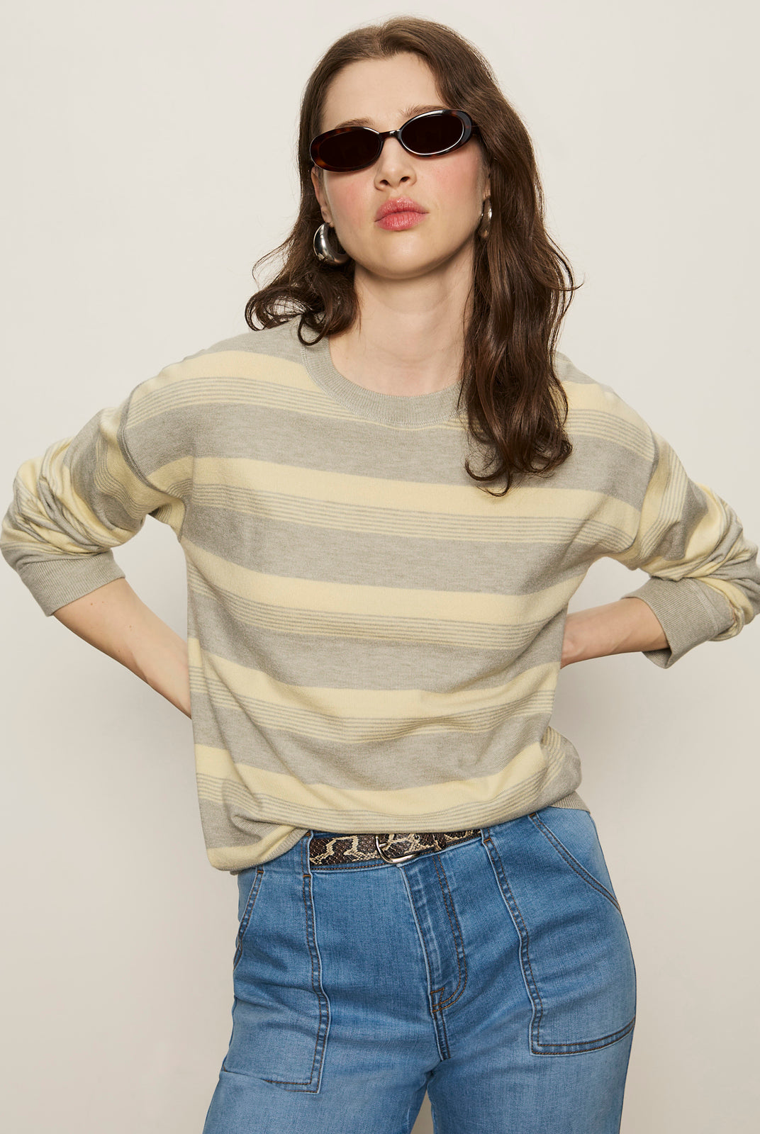 Grey/Buttercream Striped Long Sleeve Lightweight Sweater