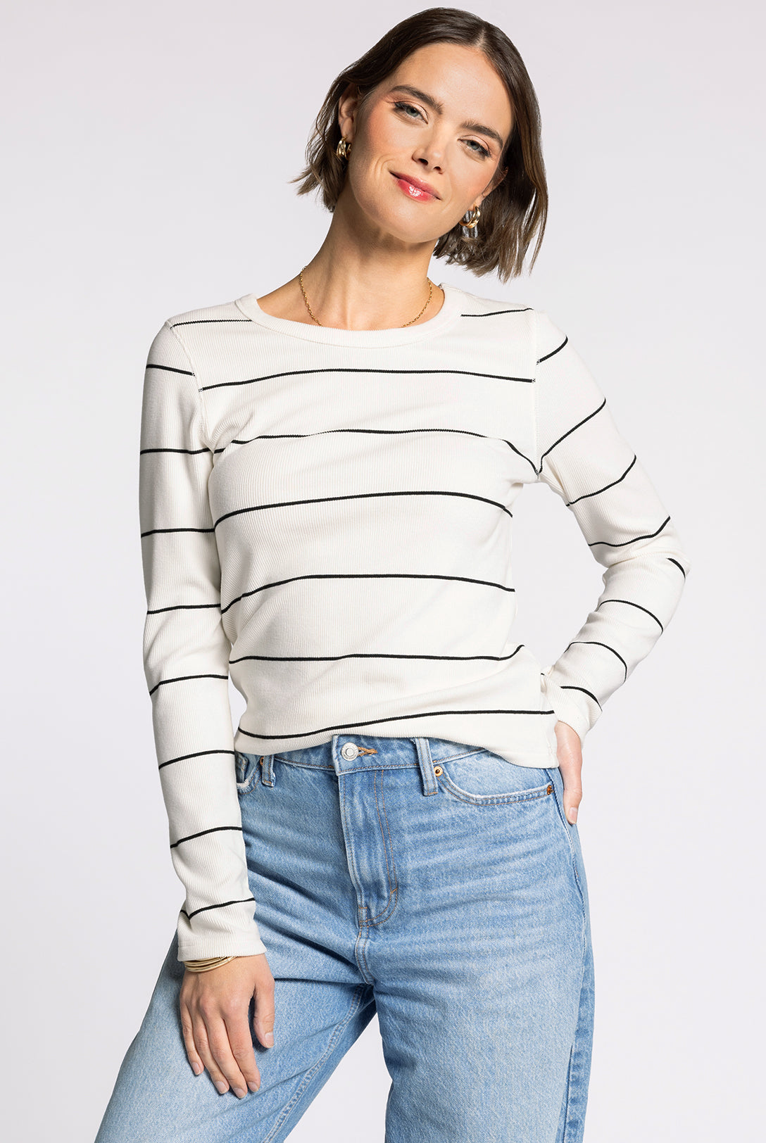 Ivory/Black Striped Long Sleeve Casual Top