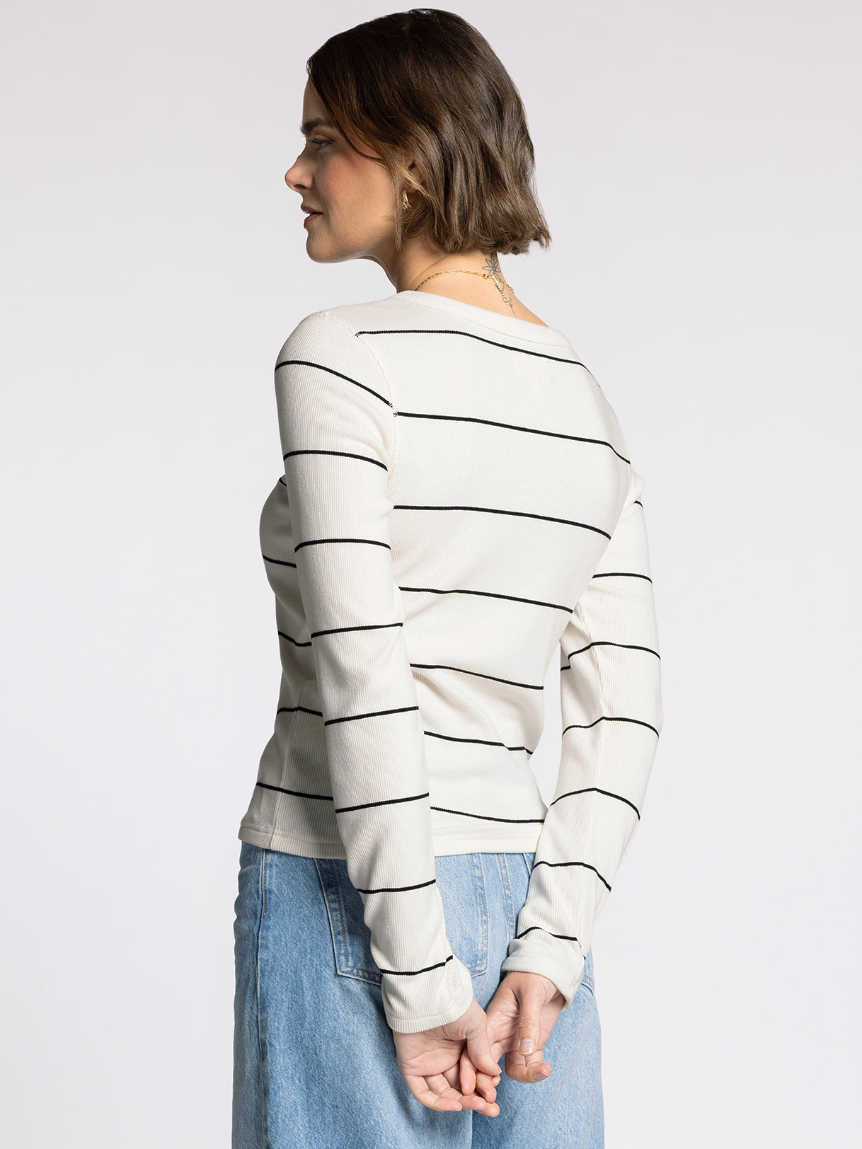 Ivory/Black Striped Long Sleeve Casual Top