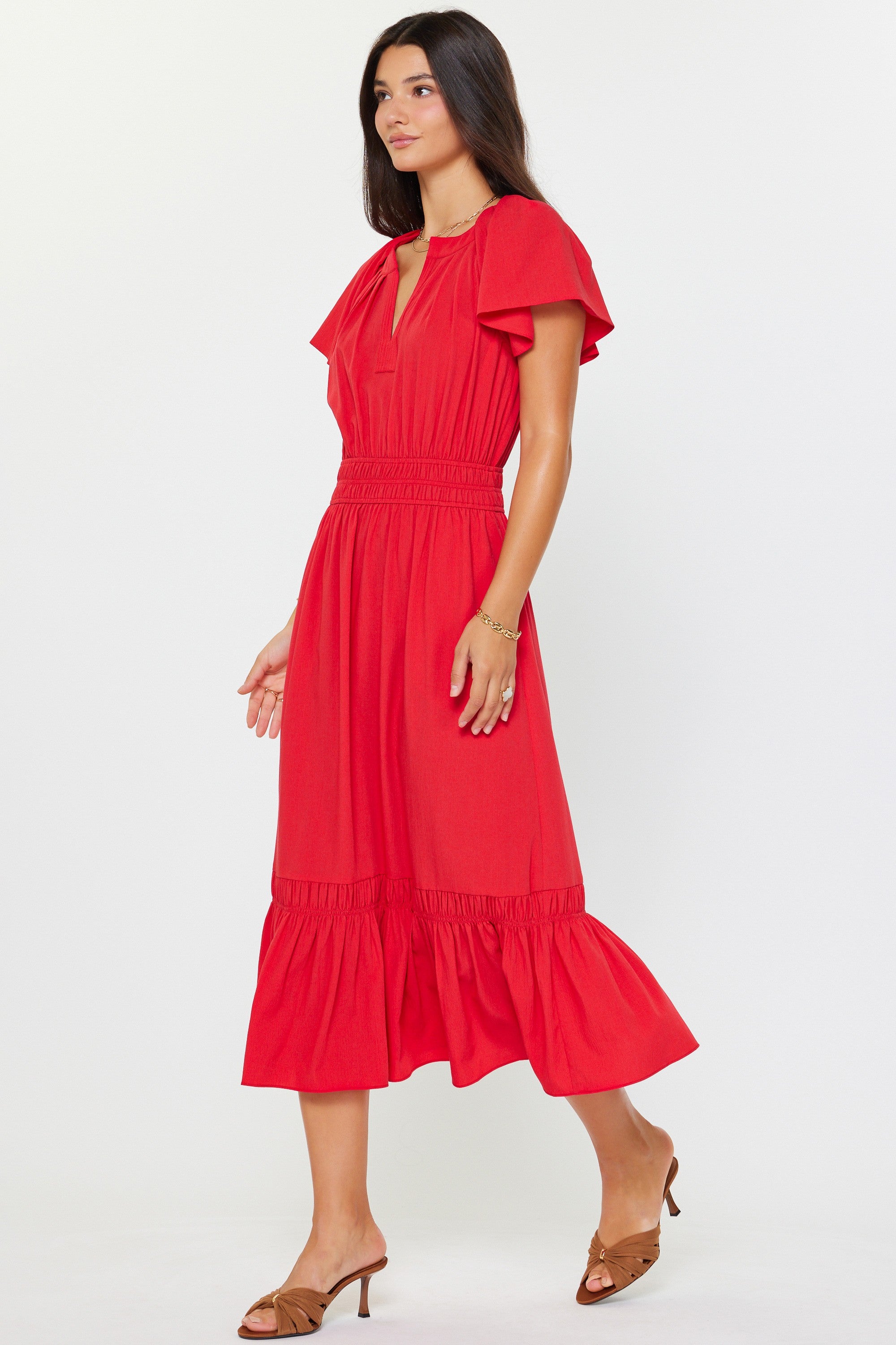Red Short Sleeve Midi Length Dress