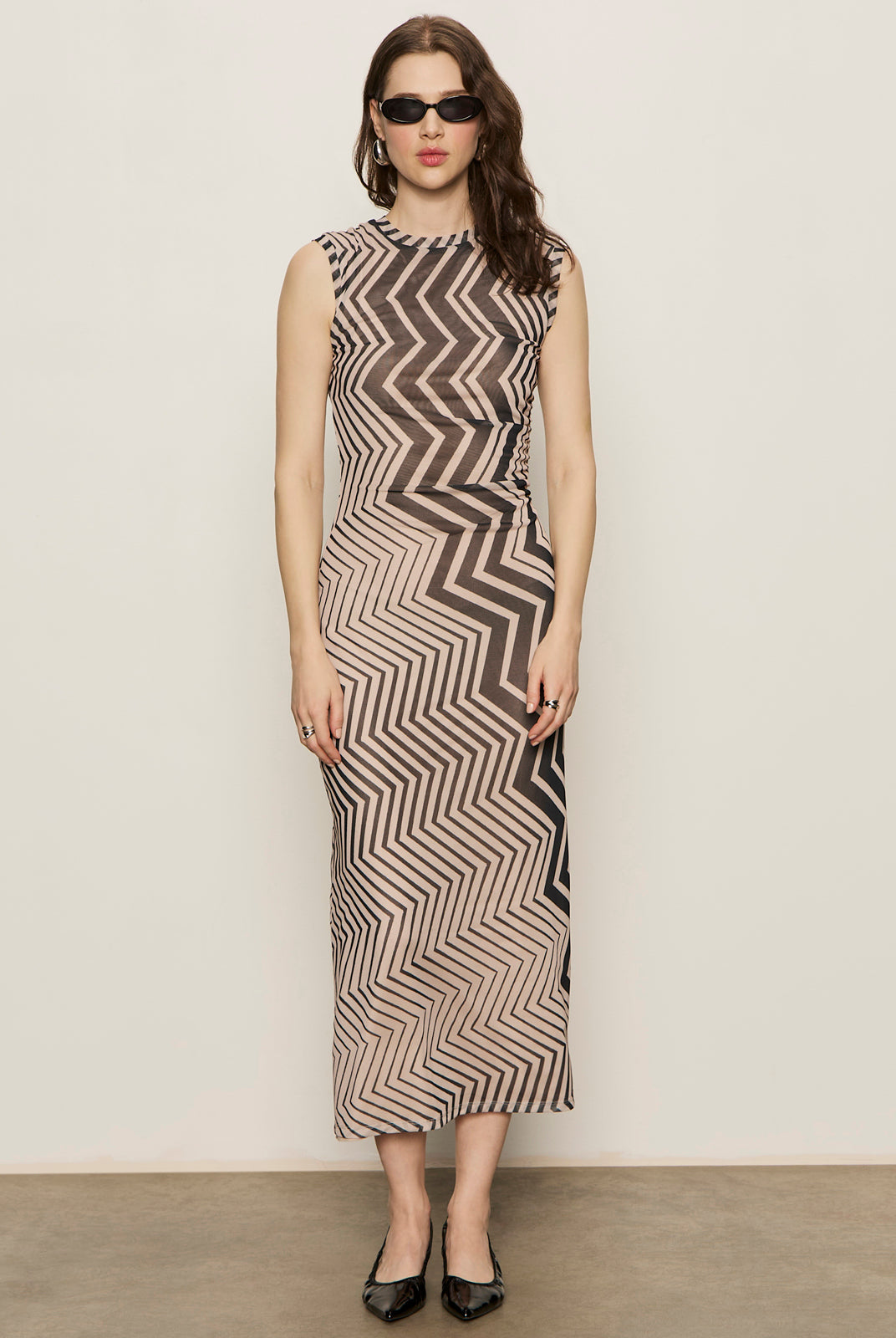 Sleeveless High Neckline Chevron Stripe Dress