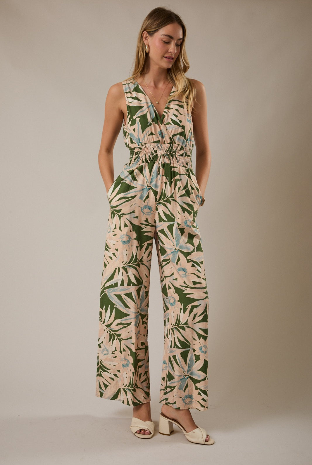 Olive/Ivory Floral Sleeveless Tropical Print Jumpsuit