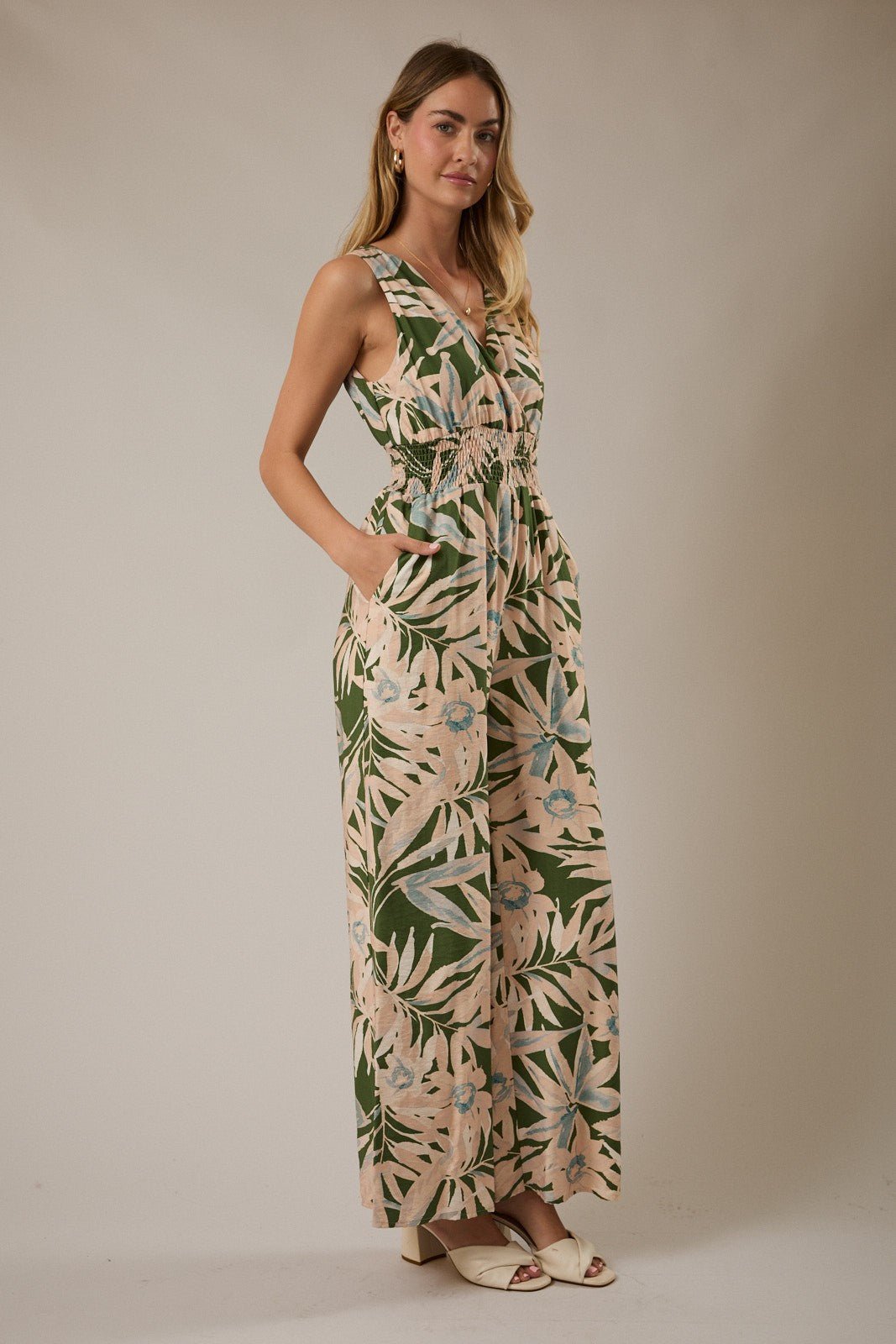 Rose & Lee Co Aliyah Jumpsuit, Olive/Ivory Floral Jumpsuit