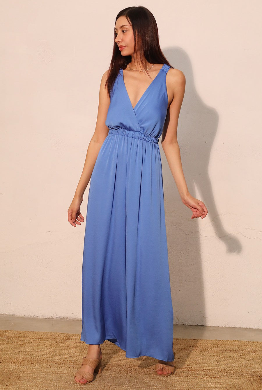 Blue V-Neckline Wide Leg Jumpsuit