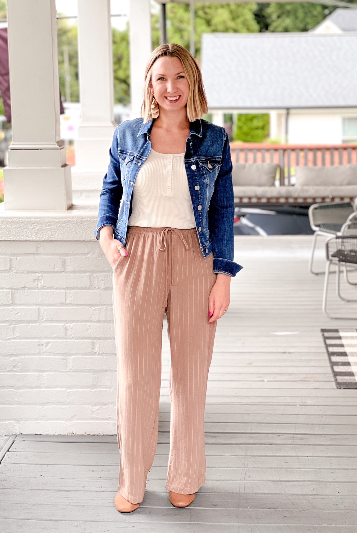 mocha pants with white pinstripe, elastic waist