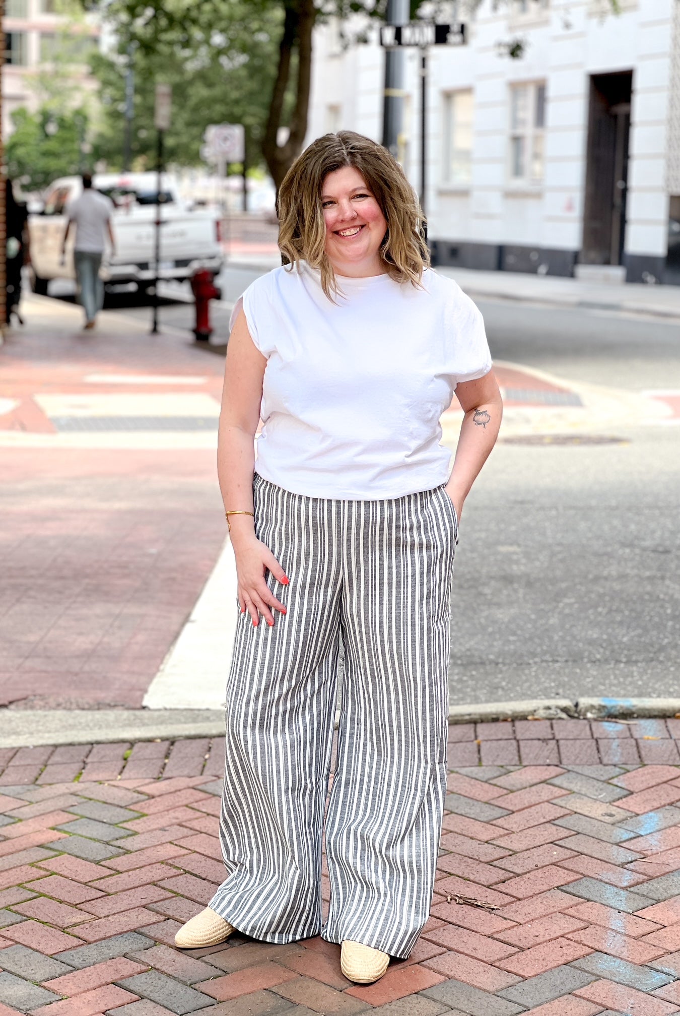 black and white stripe wide leg pants with elastic waist