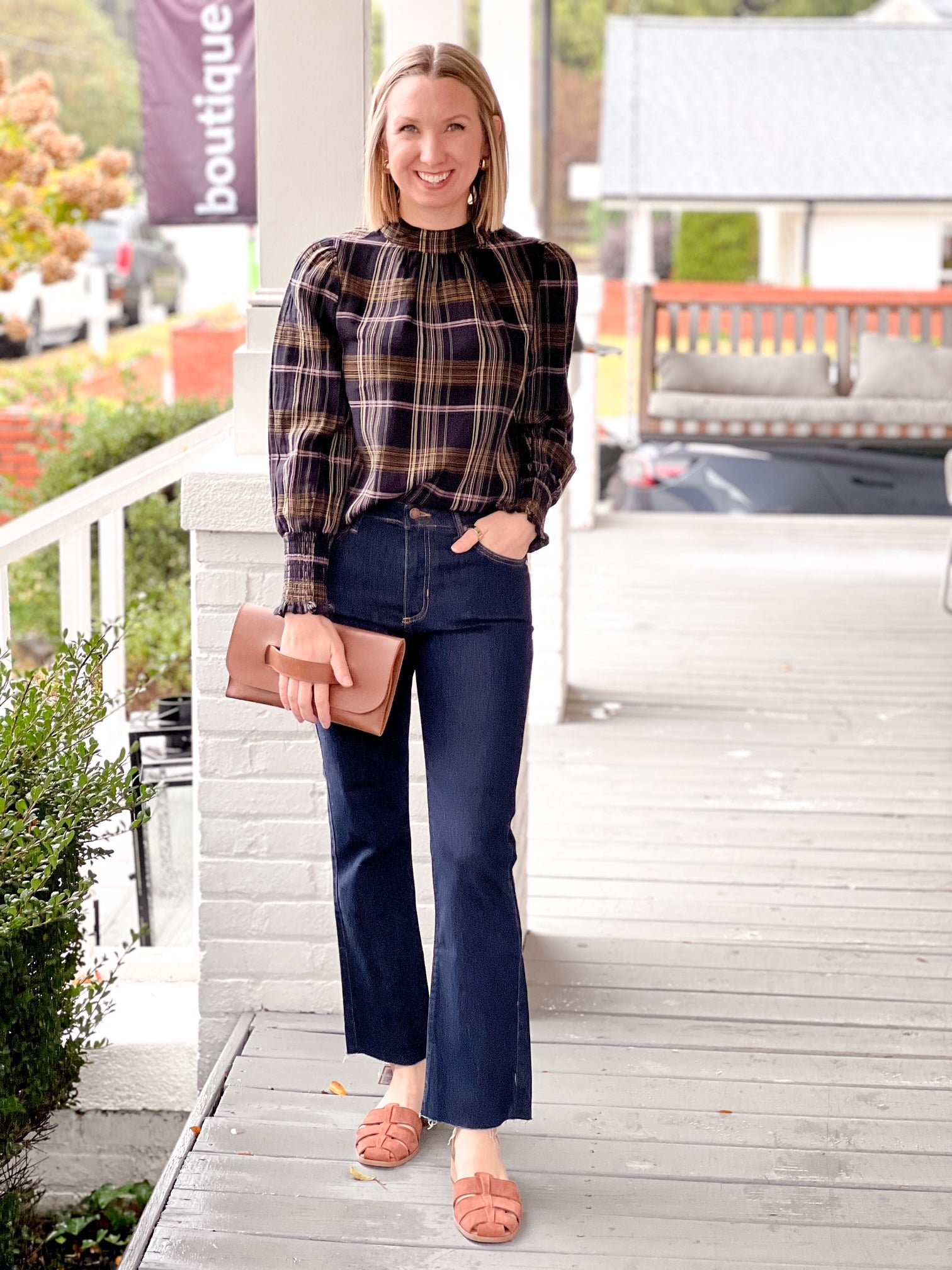 Long Sleeve Plaid Mock Neck Top