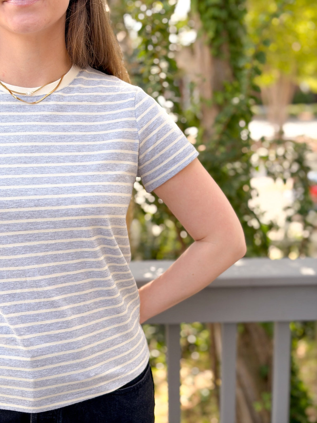 Rose & Lee Co Asher Tee, Heather Grey Stripe short sleeve