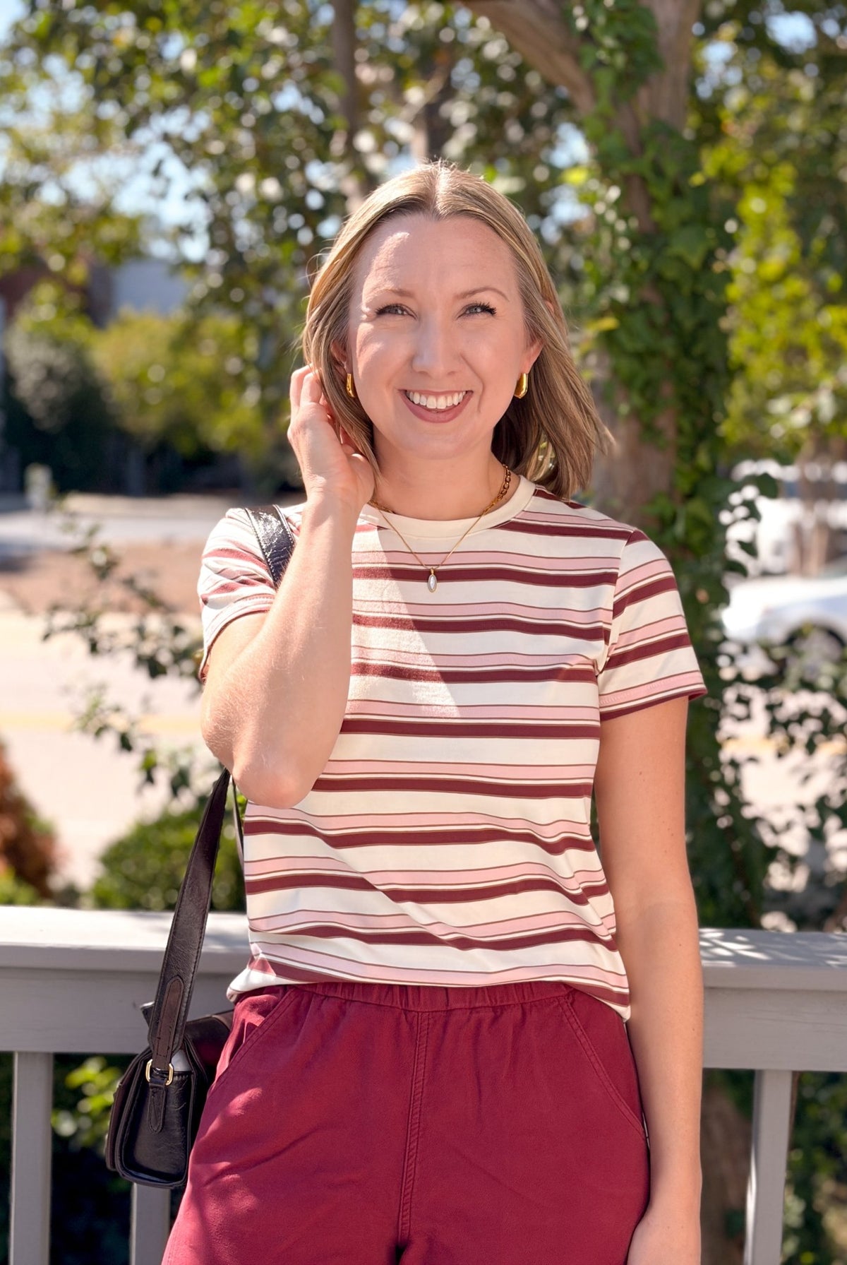 Rose & Lee Co Asher Tee, Pink/Burgundy Stripe short sleeve