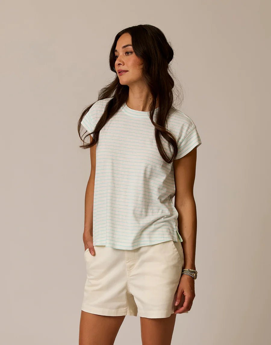 Rose & Lee Co Astrid Tee, Light Aqua Stripe short sleeve