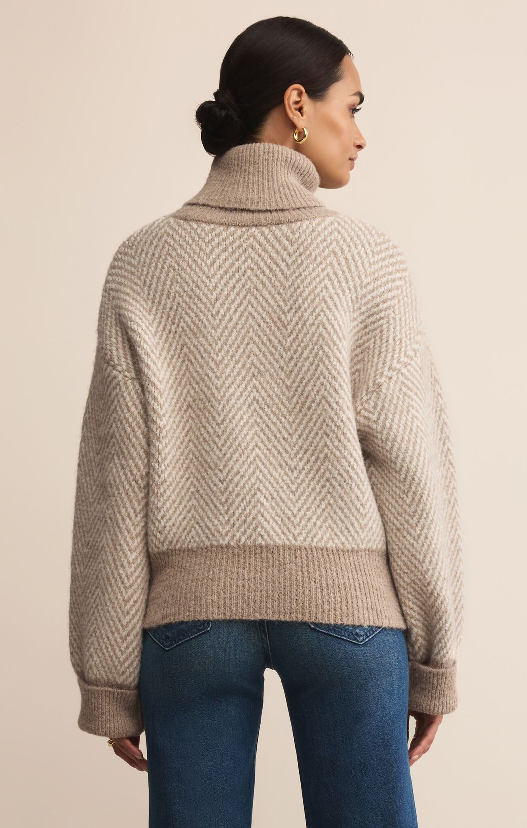 Neutral Herringbone Sweater with a Turtleneck