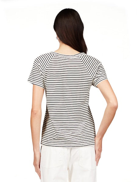 short sleeve shirt with black and white stripes and v neckline