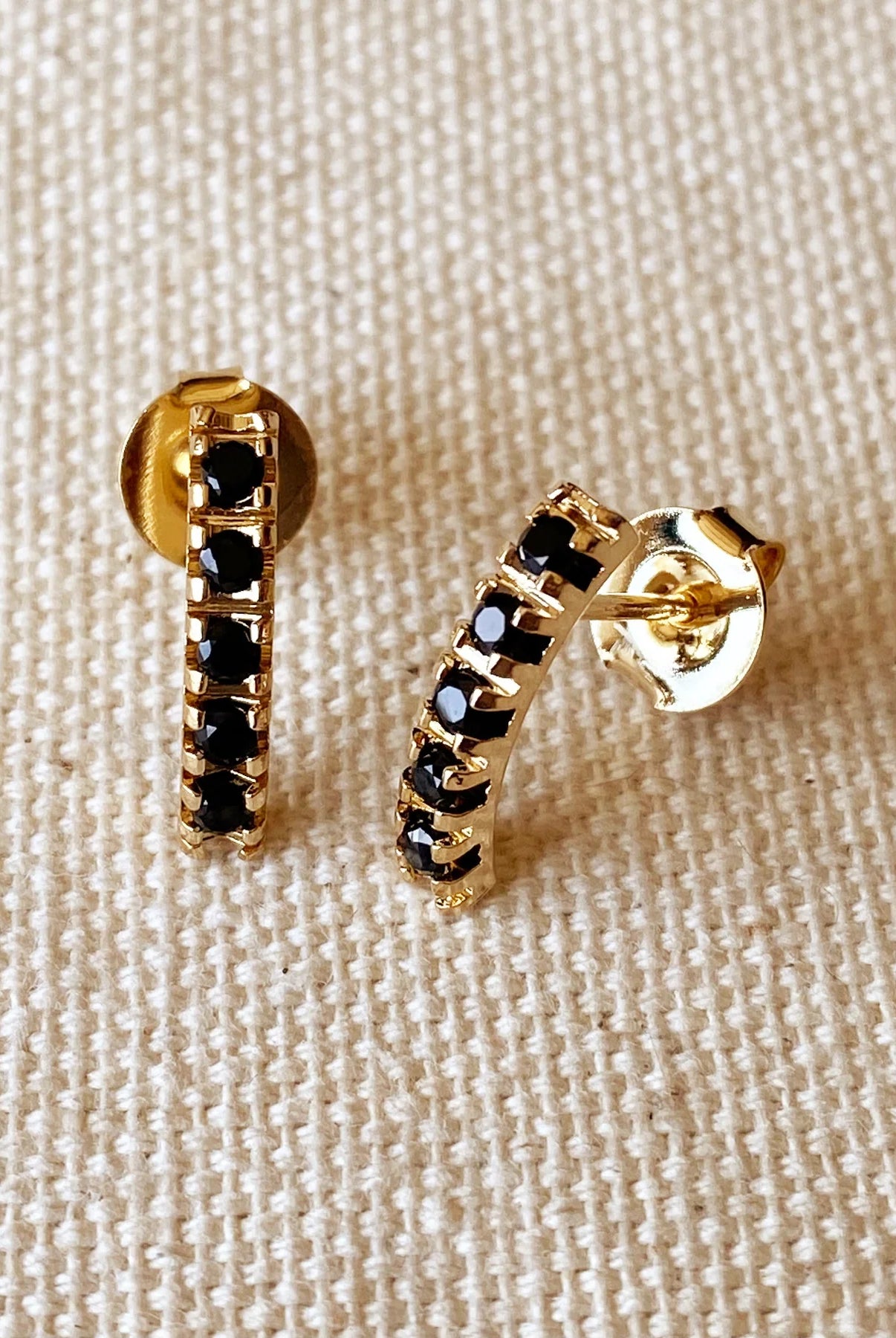Rose & Lee Co Curved Bar Black Crystal Stud Earrings, 18k Gold Filled Earrings