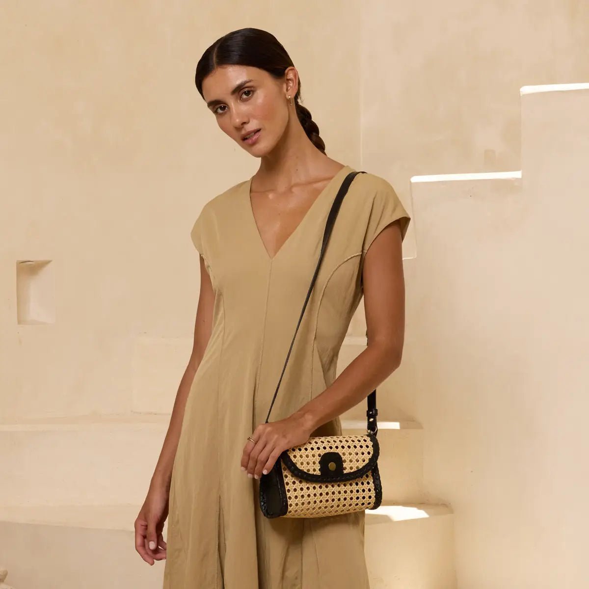Rose & Lee Co Rattan Crossbody Clutch, Black Leather Bags