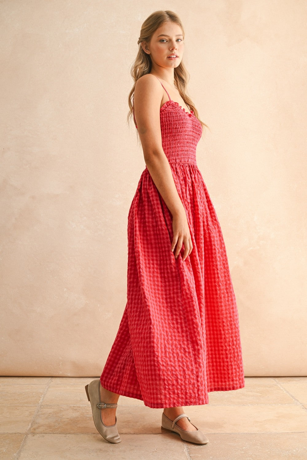 Red Gingham Sleeveless Maxi Dress