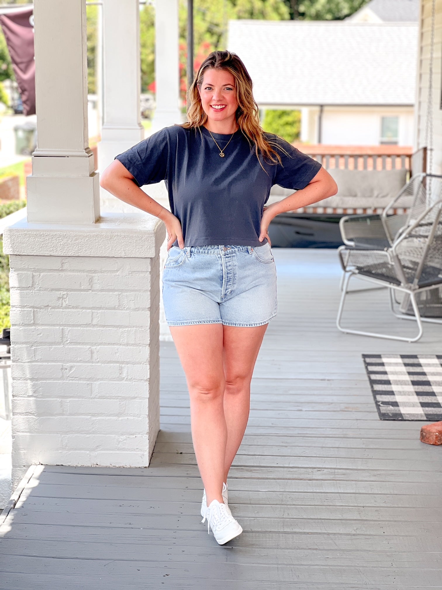 Rose & Lee Co Brecken Top, Blue Steel short sleeve