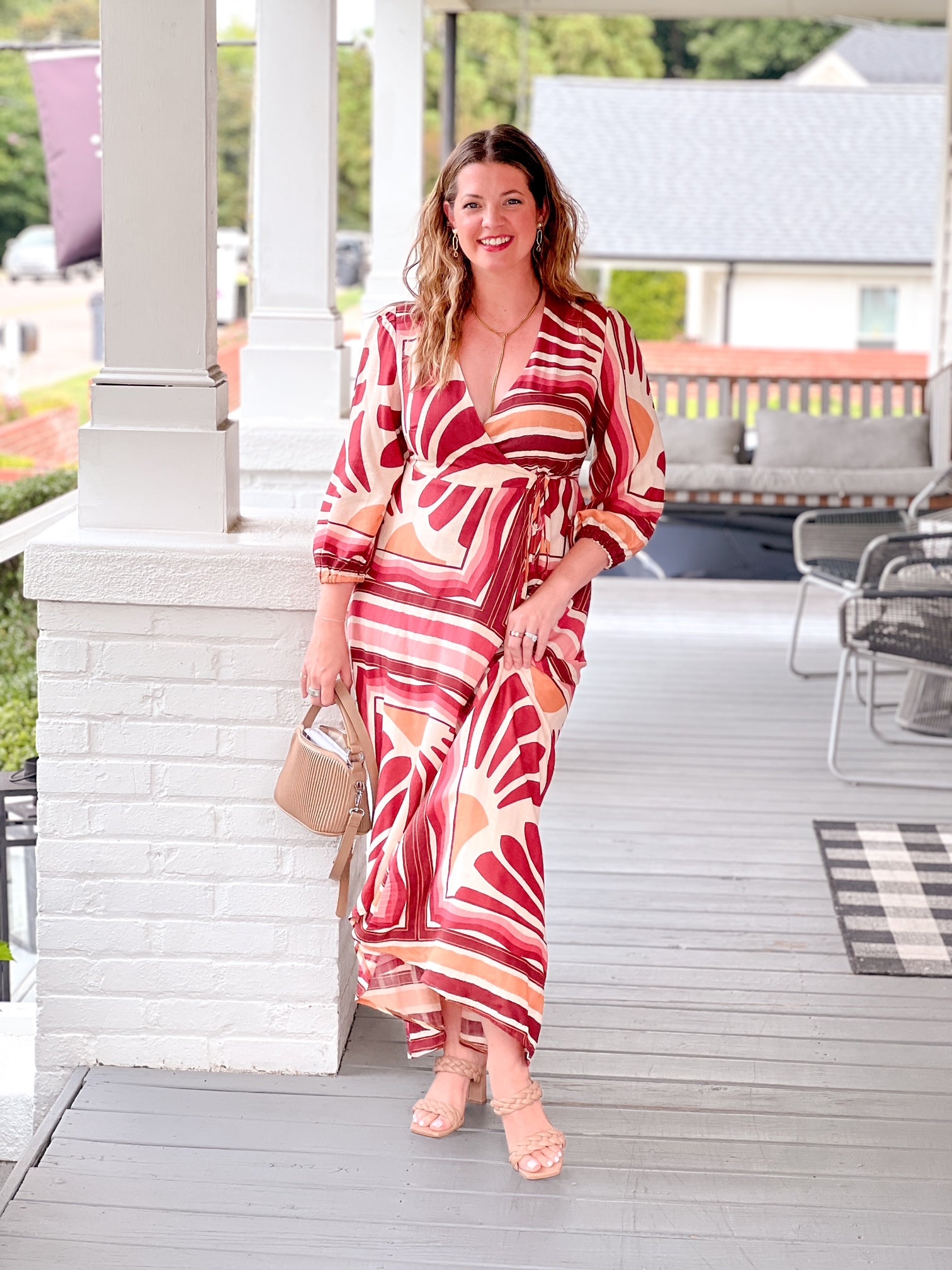 puff sleeve maxi wrap dress with red and beige pattern