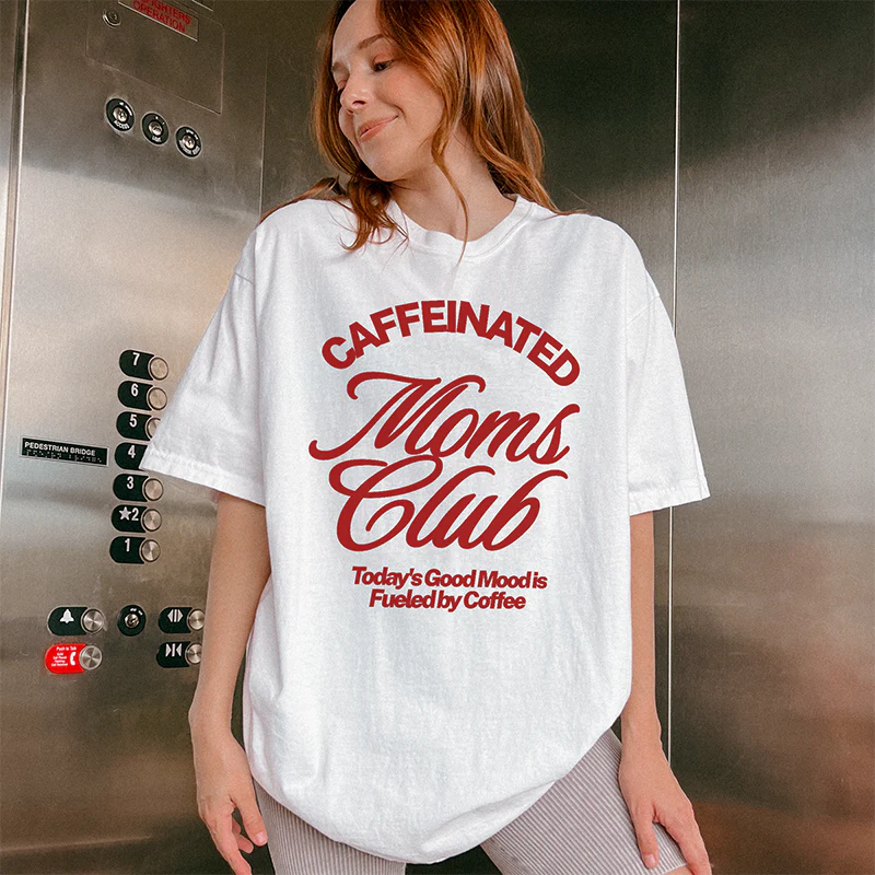 Caffeinated Moms Club Red and White Graphic Tee