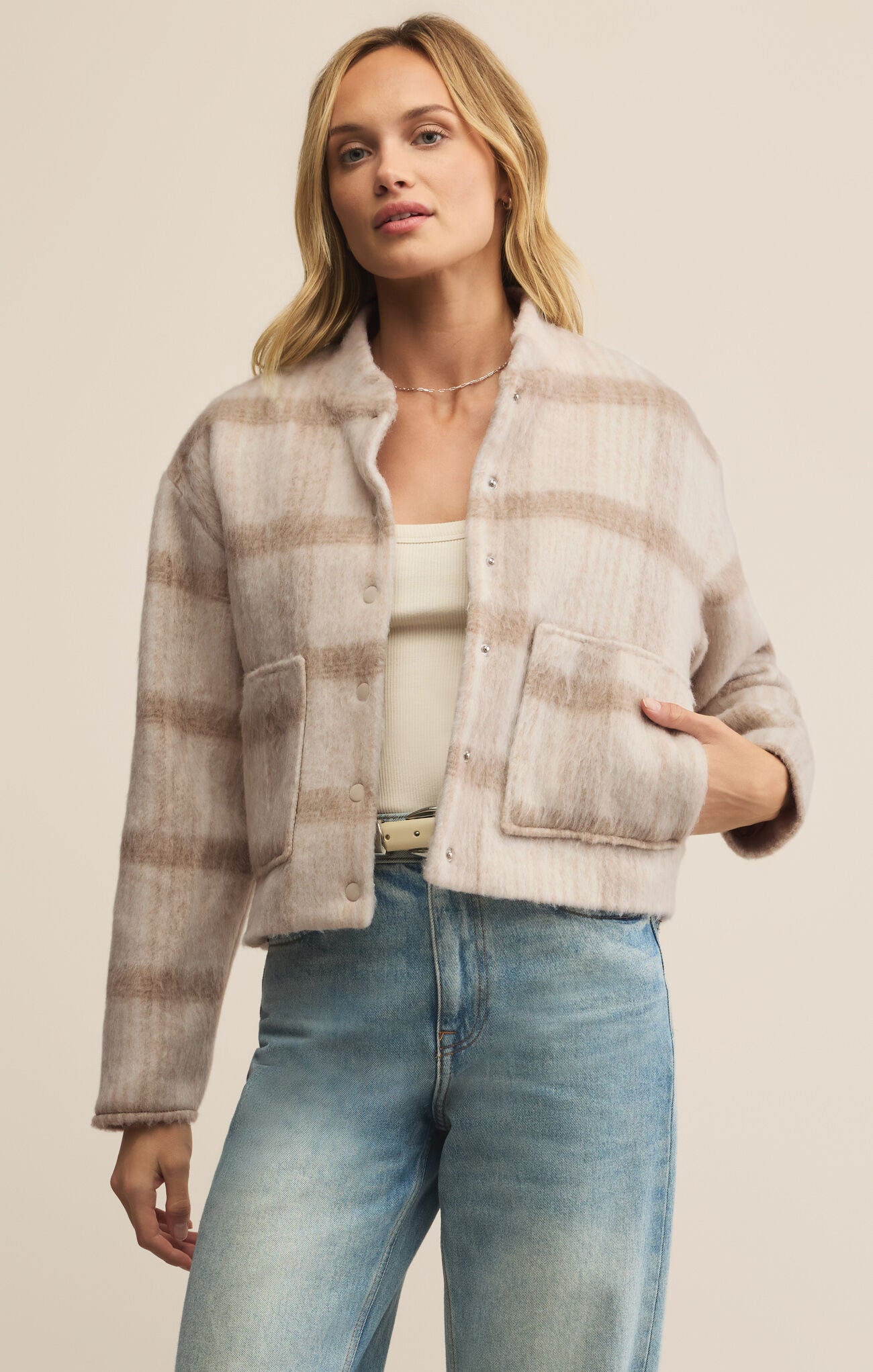 ivory jacket with light brown plaid