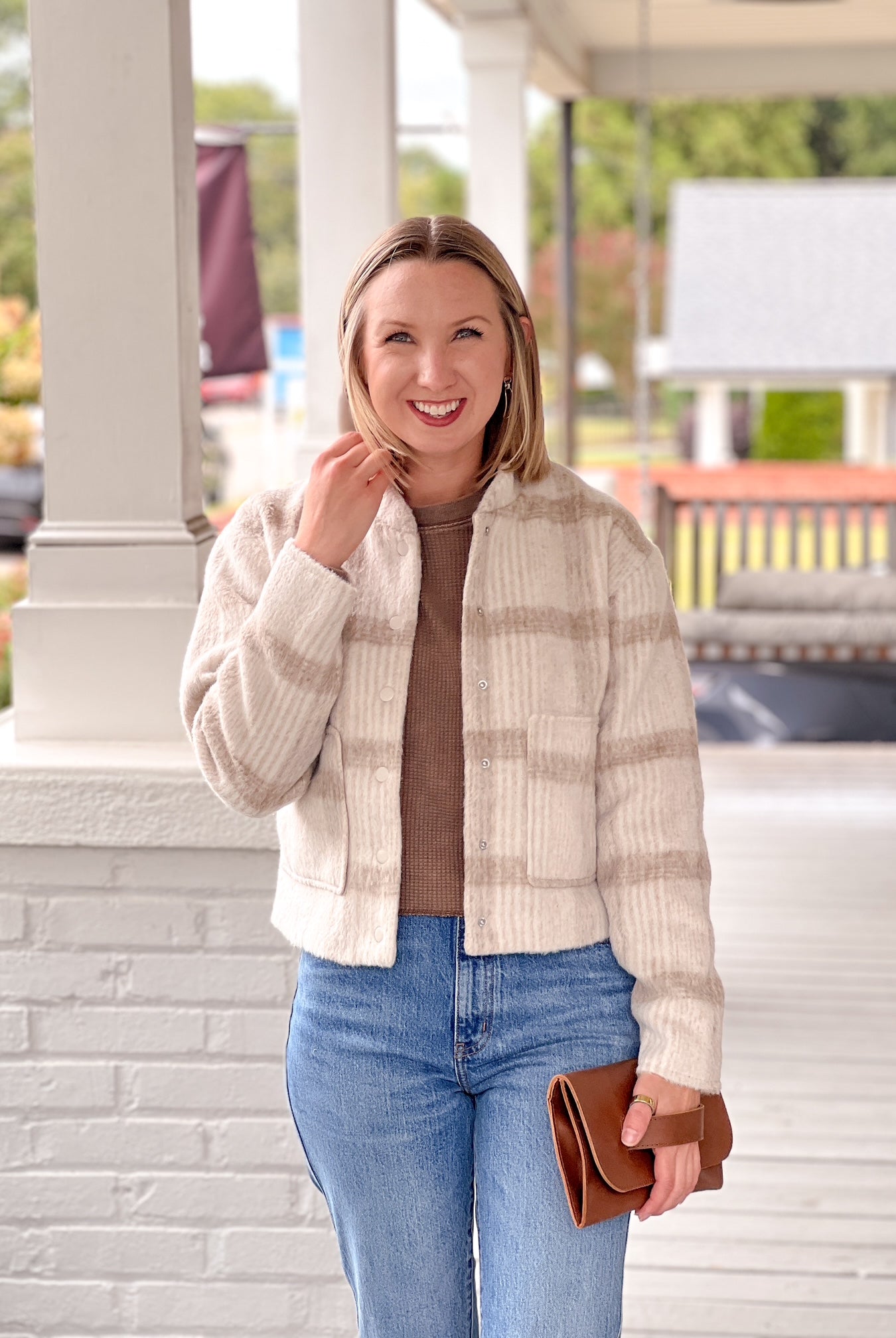 ivory jacket with light brown plaid