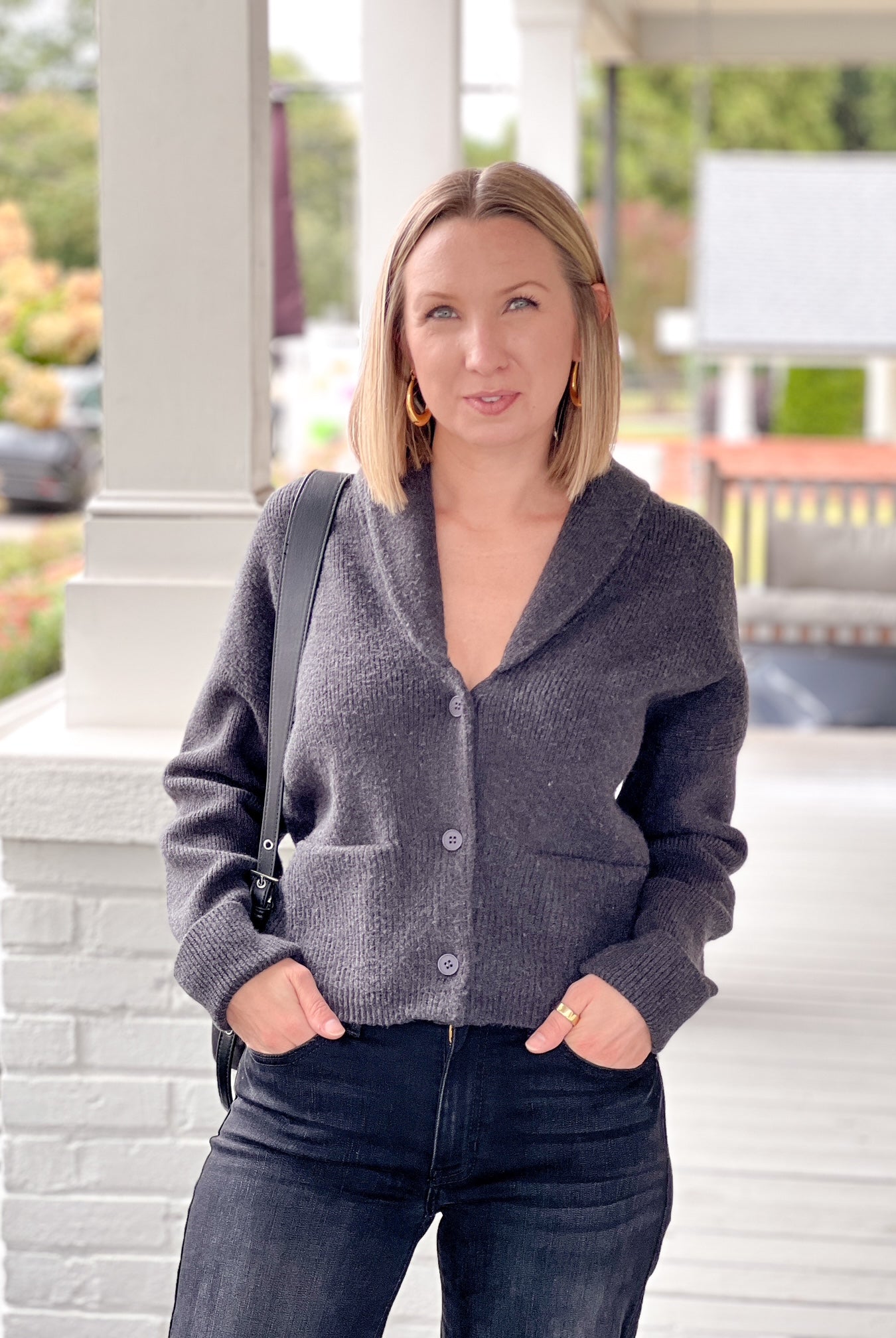 dark grey cardigan with v neckline