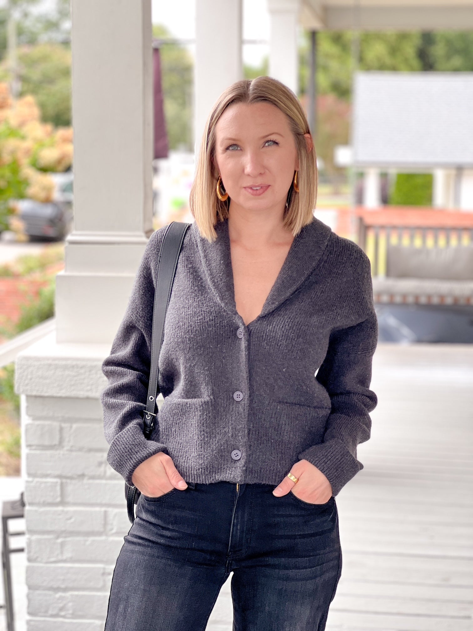 dark grey cardigan with v neckline