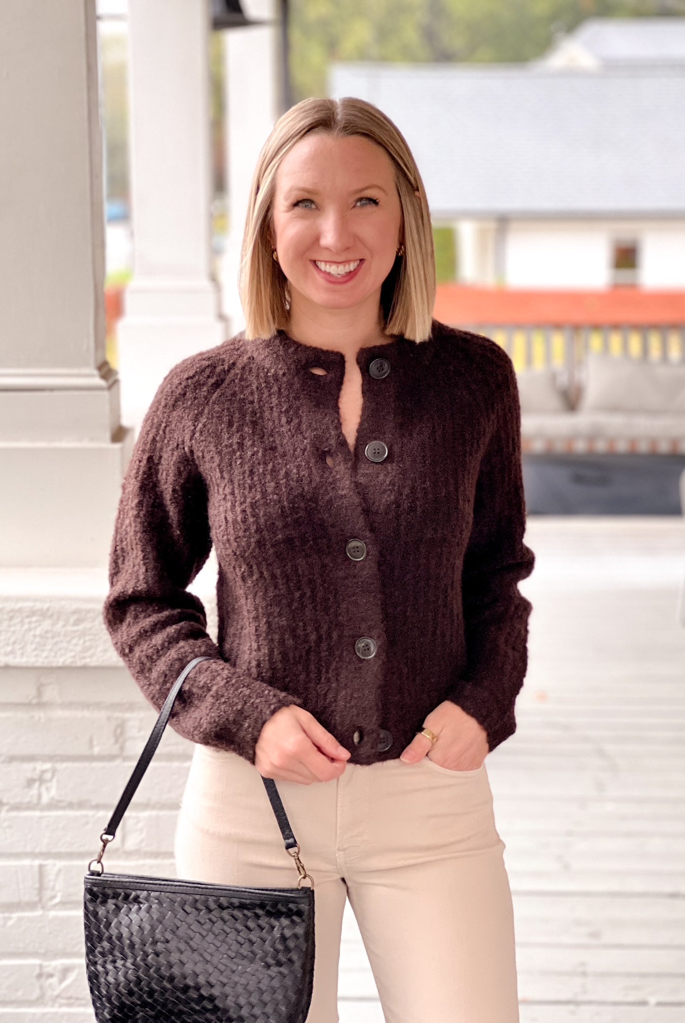 brown button up cardigan