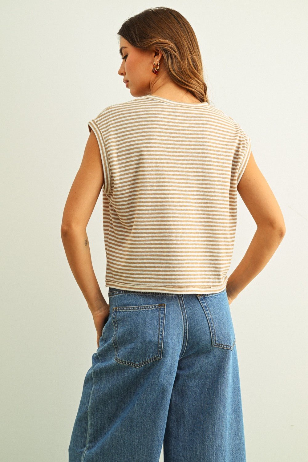Rose & Lee Co Carrie Tee, Tan/White Stripe short sleeve