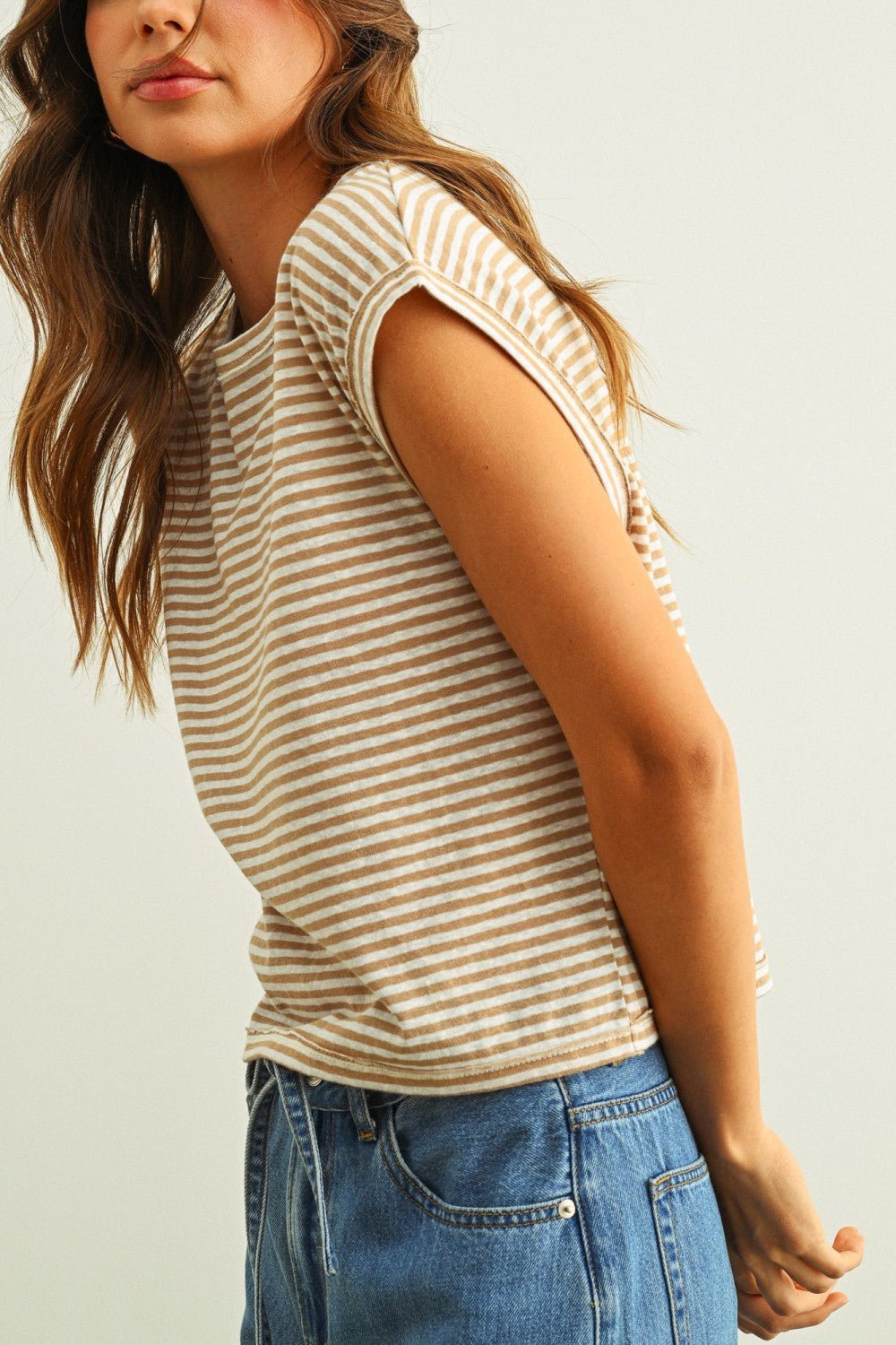Rose & Lee Co Carrie Tee, Tan/White Stripe short sleeve