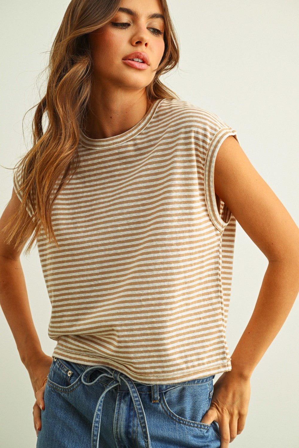 Rose & Lee Co Carrie Tee, Tan/White Stripe short sleeve