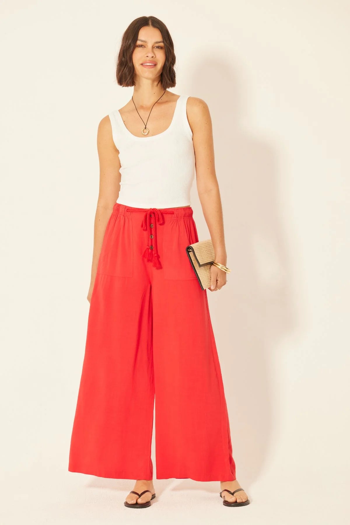 wide leg red pants with elastic waist