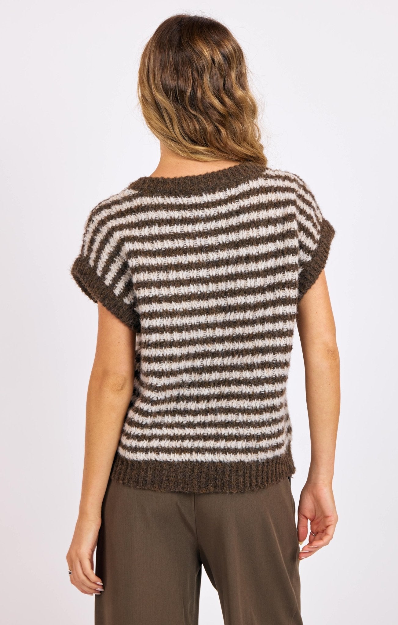 Rose & Lee Co Chantal Sweater Vest, Oak/Cream Stripe short sleeve