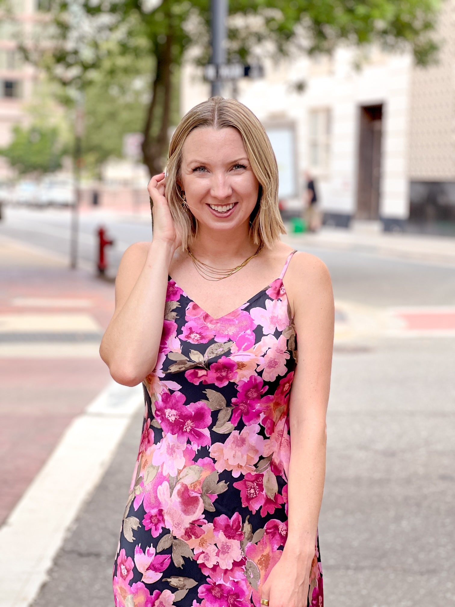 pink floral dress with spaghetti straps