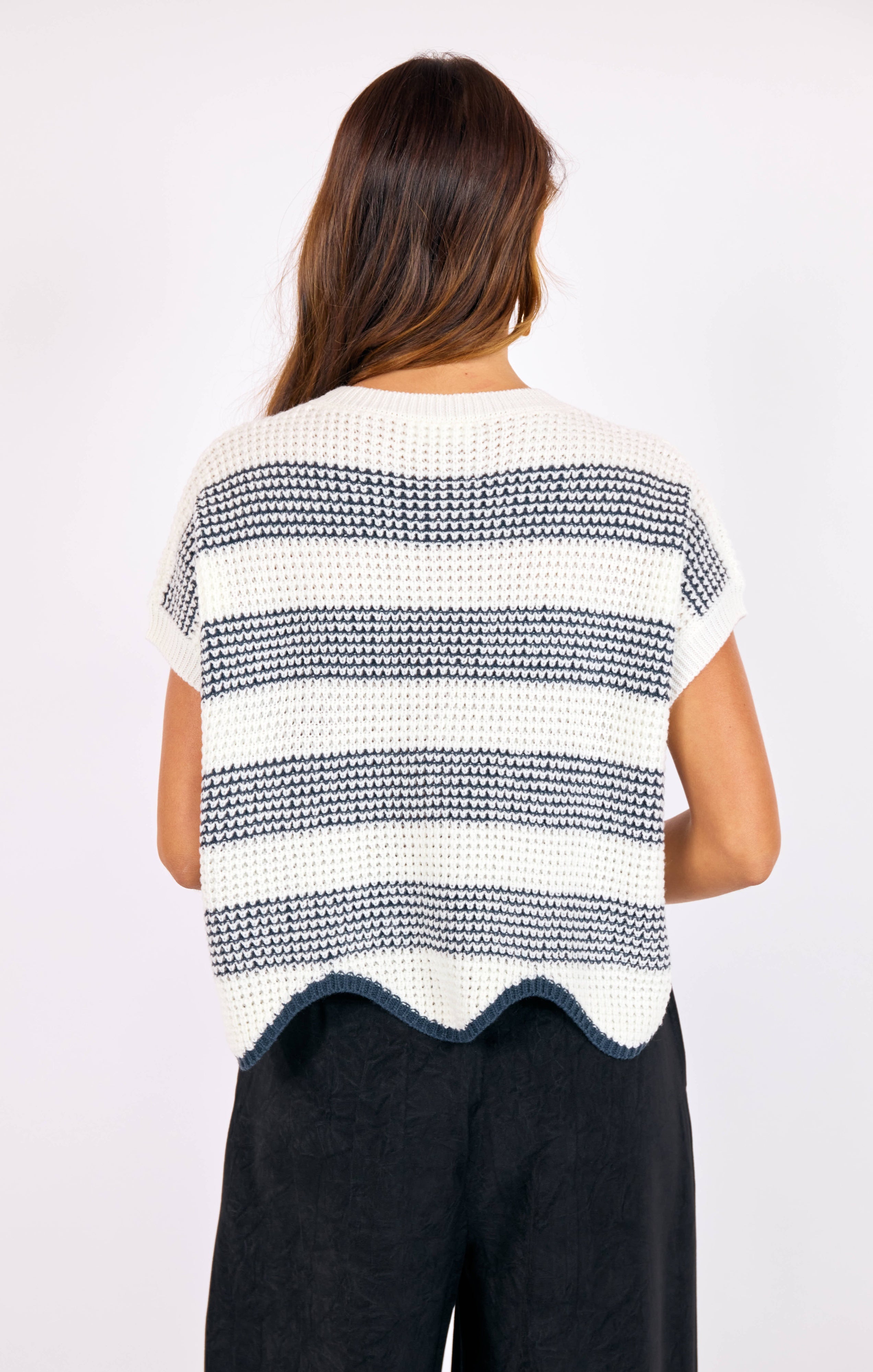 Navy/Ivory Striped Short Sleeve Sweater Top