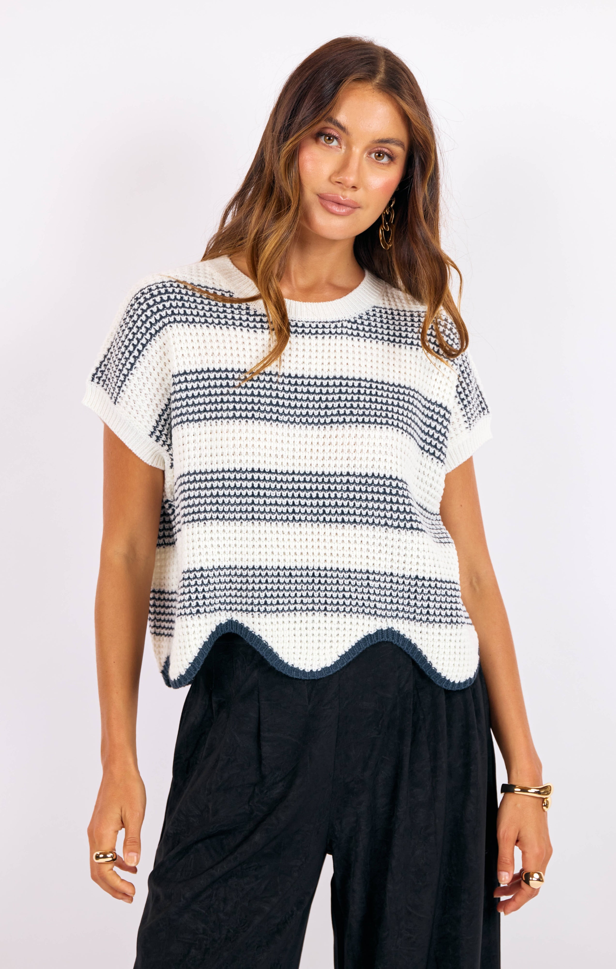 Navy/Ivory Striped Short Sleeve Sweater Top