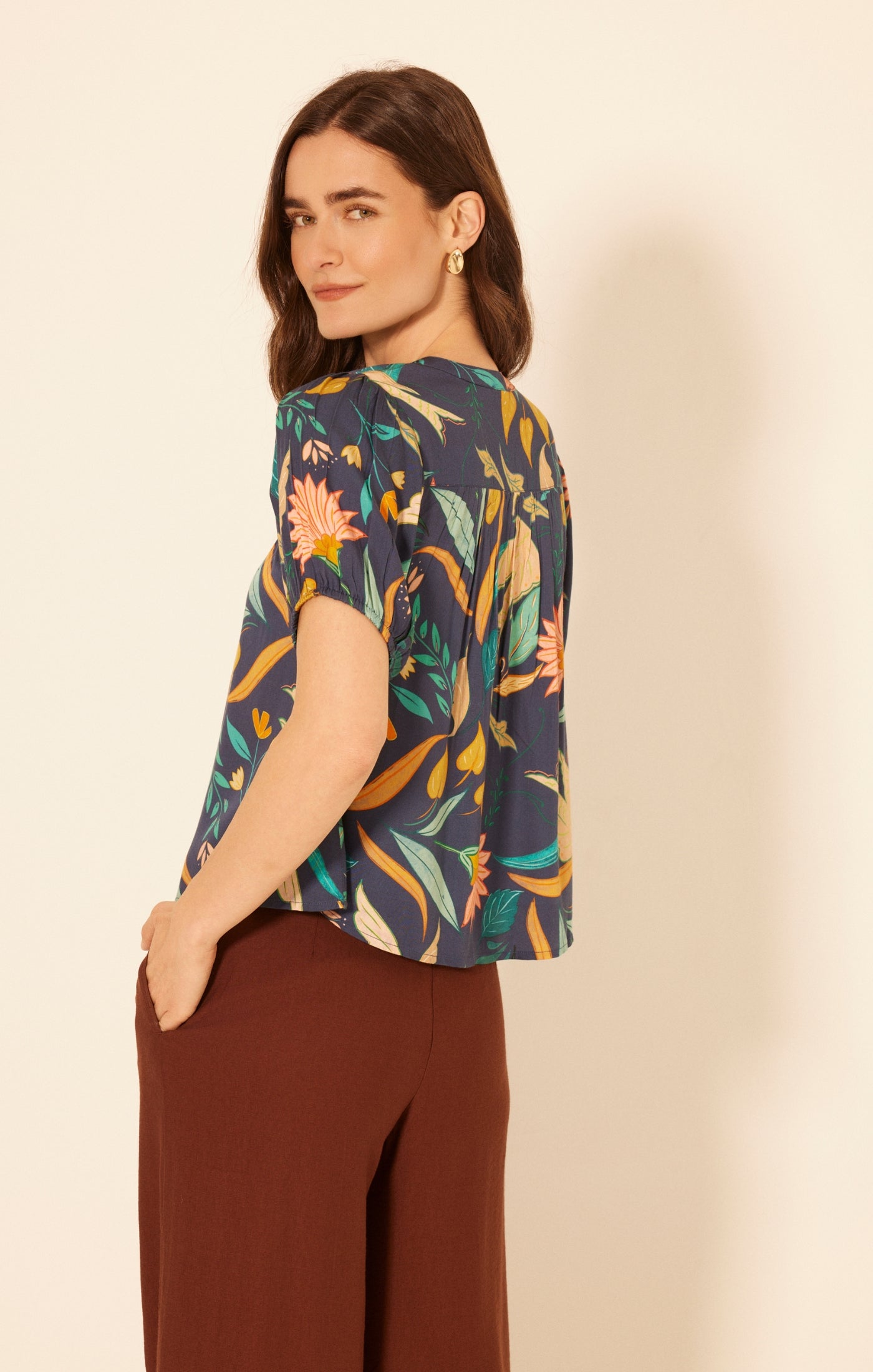 Printed Multi-Colored Short Sleeve Button Up Top