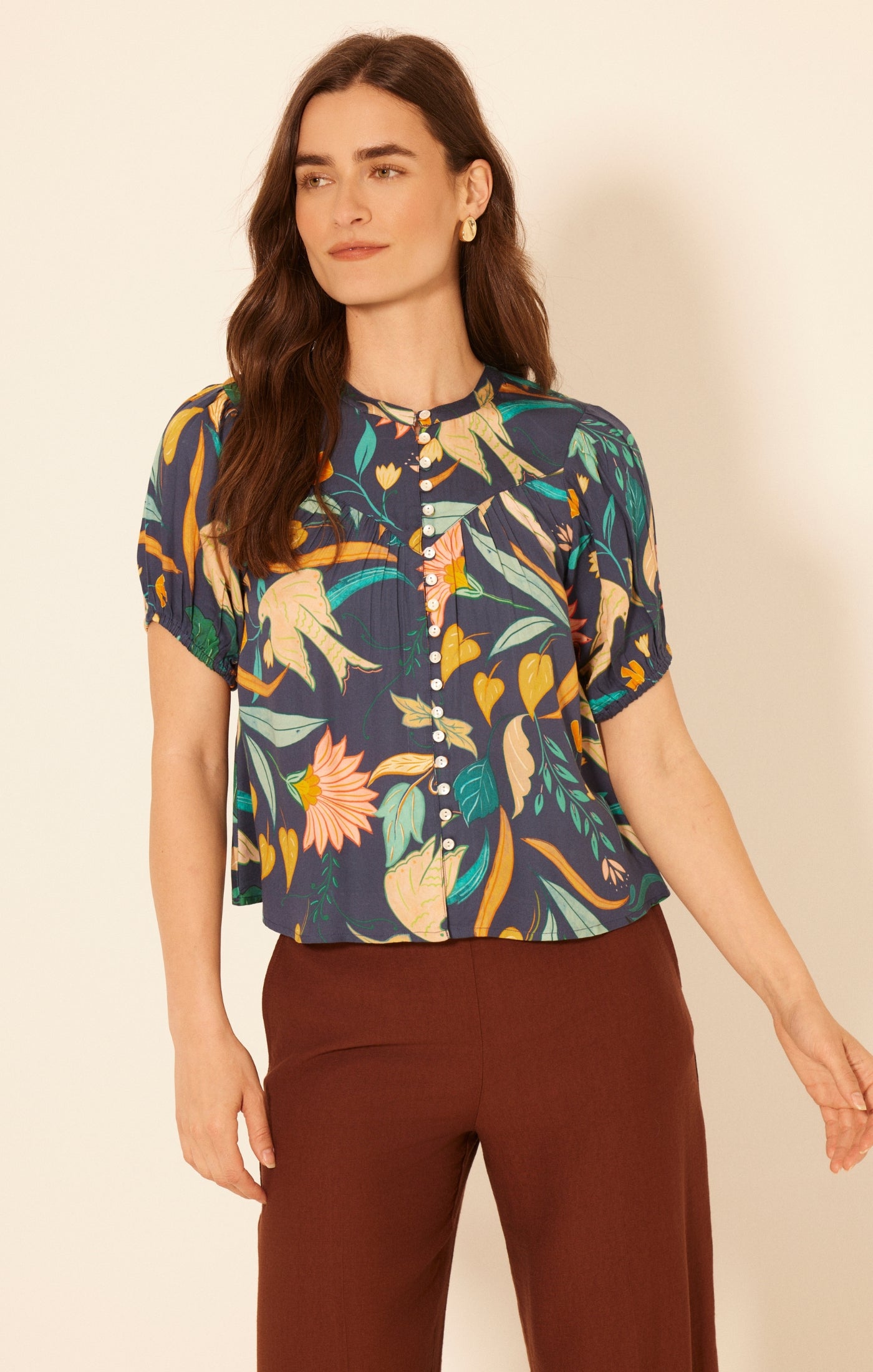 Printed Multi-Colored Short Sleeve Button Up Top