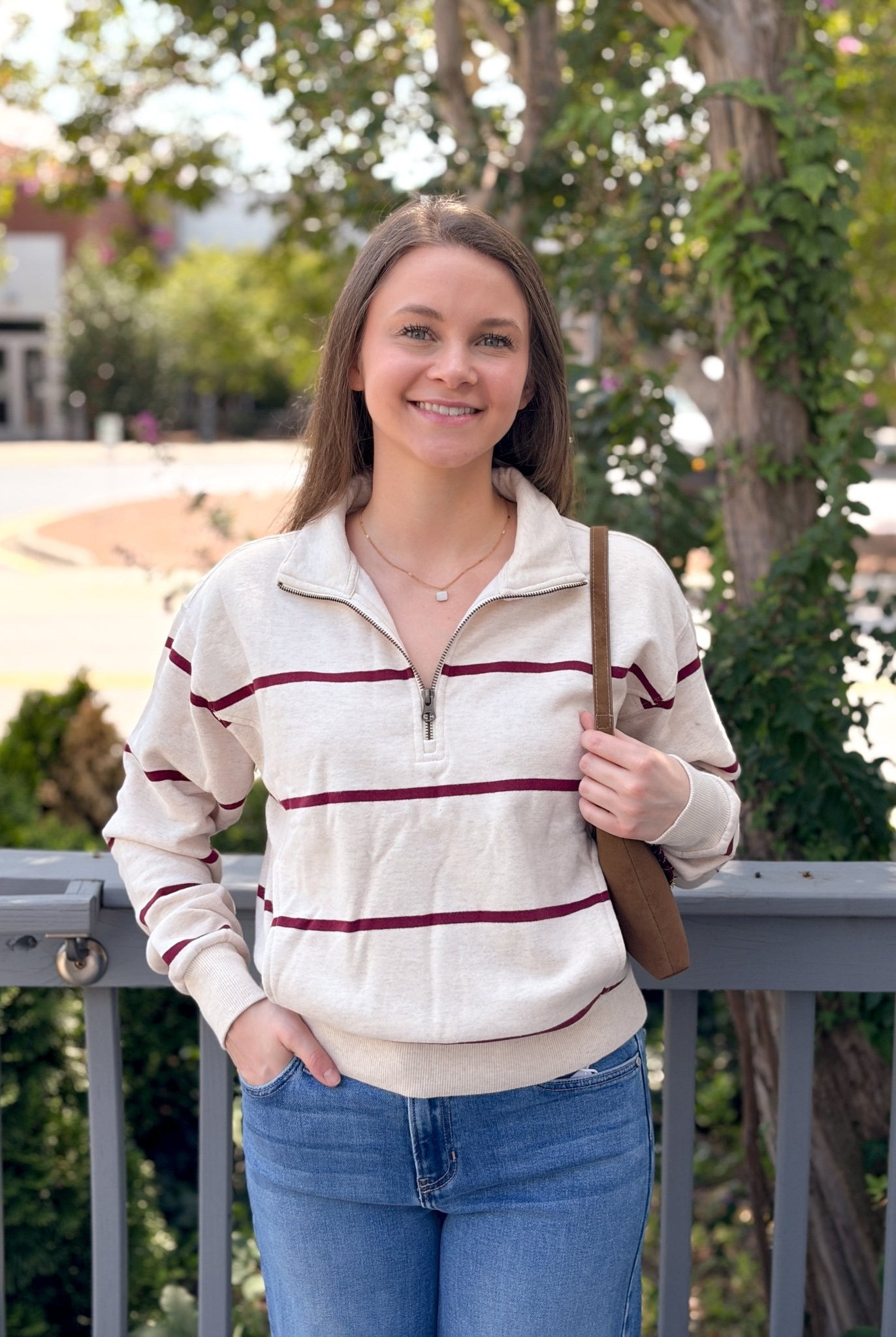 Rose & Lee Co Cloud 9 Half Zip Sweatshirt, Oatmeal/Cabernet Stripe by Marine Layer Sweatshirt & Hoodies