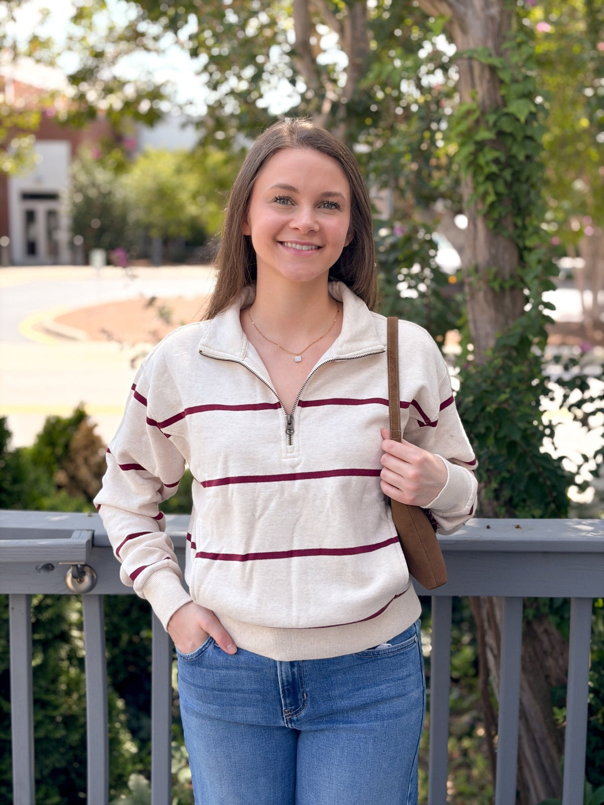 Rose & Lee Co Cloud 9 Half Zip Sweatshirt, Oatmeal/Cabernet Stripe by Marine Layer Sweatshirt & Hoodies