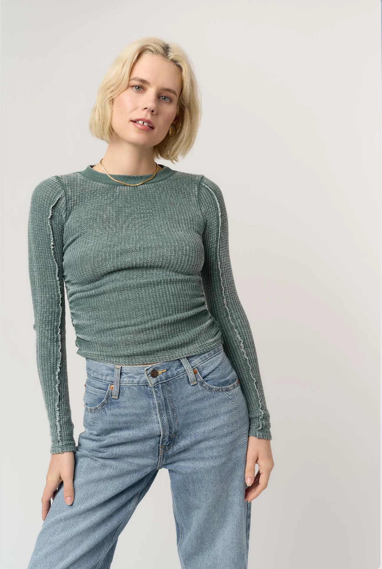 Green Thermal Long Sleeve Top with Side Ruching